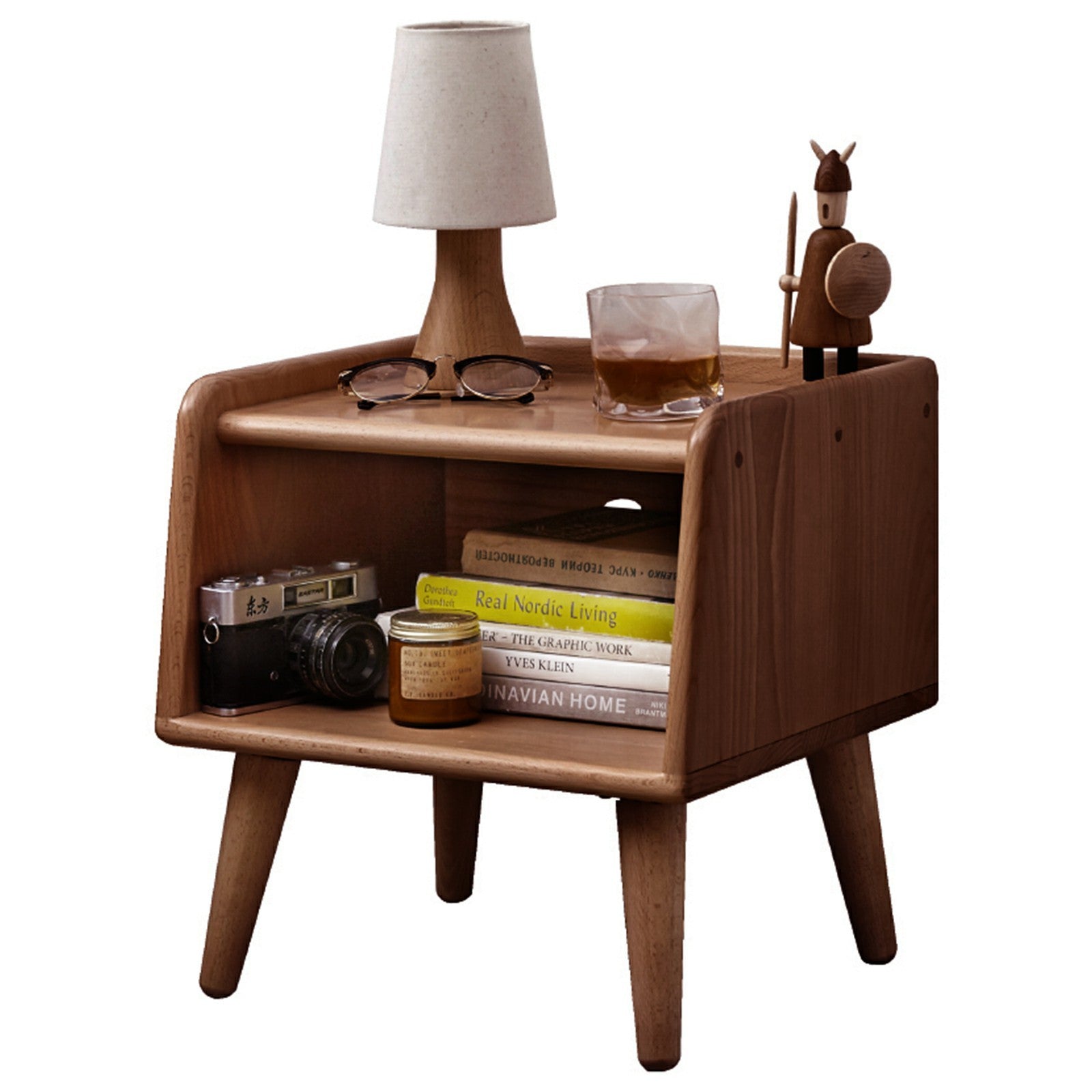 Small Solid Wood Nightstand with Open Shelf, Natural