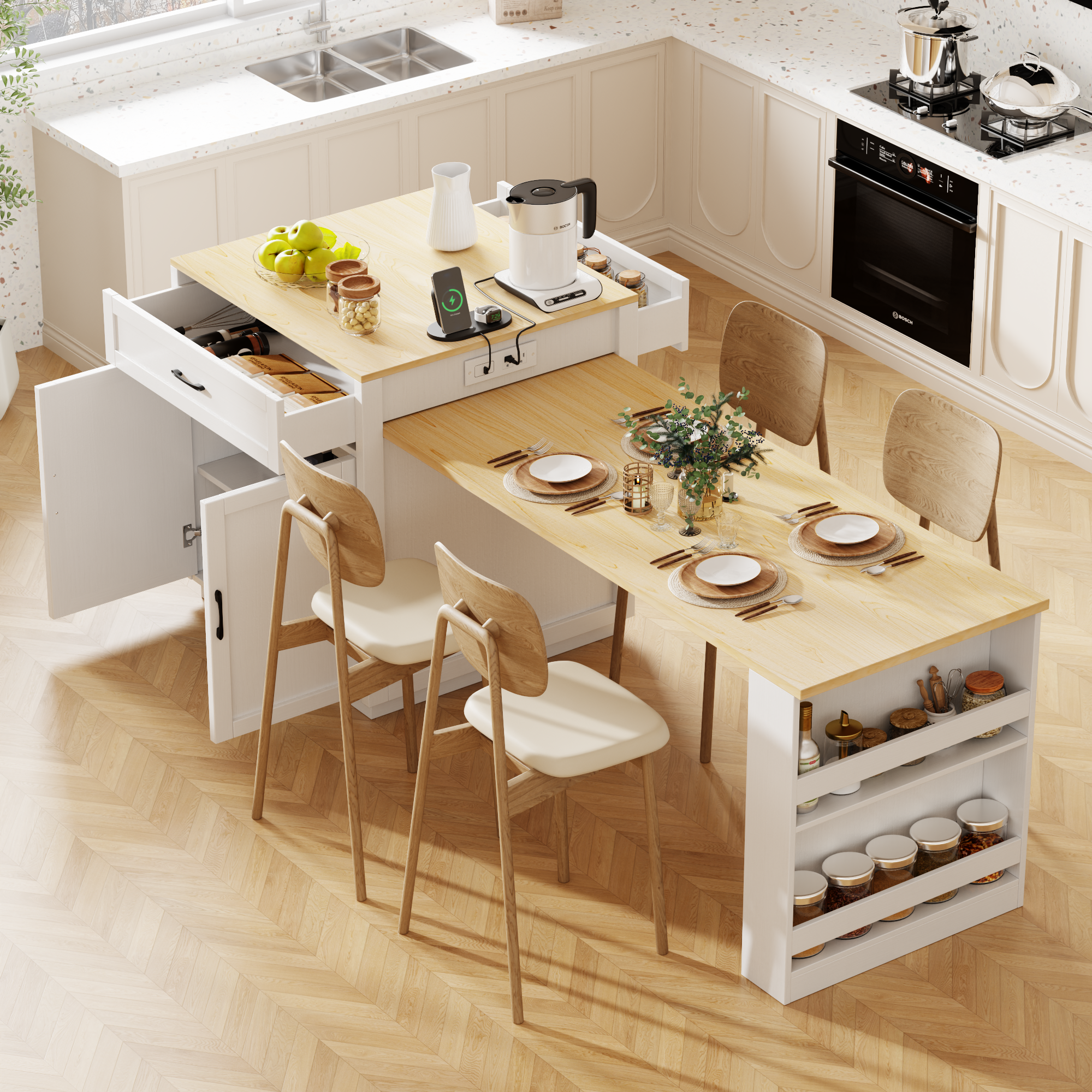 Extendable White Kitchen Island with Dining Table, Seats 4-6
