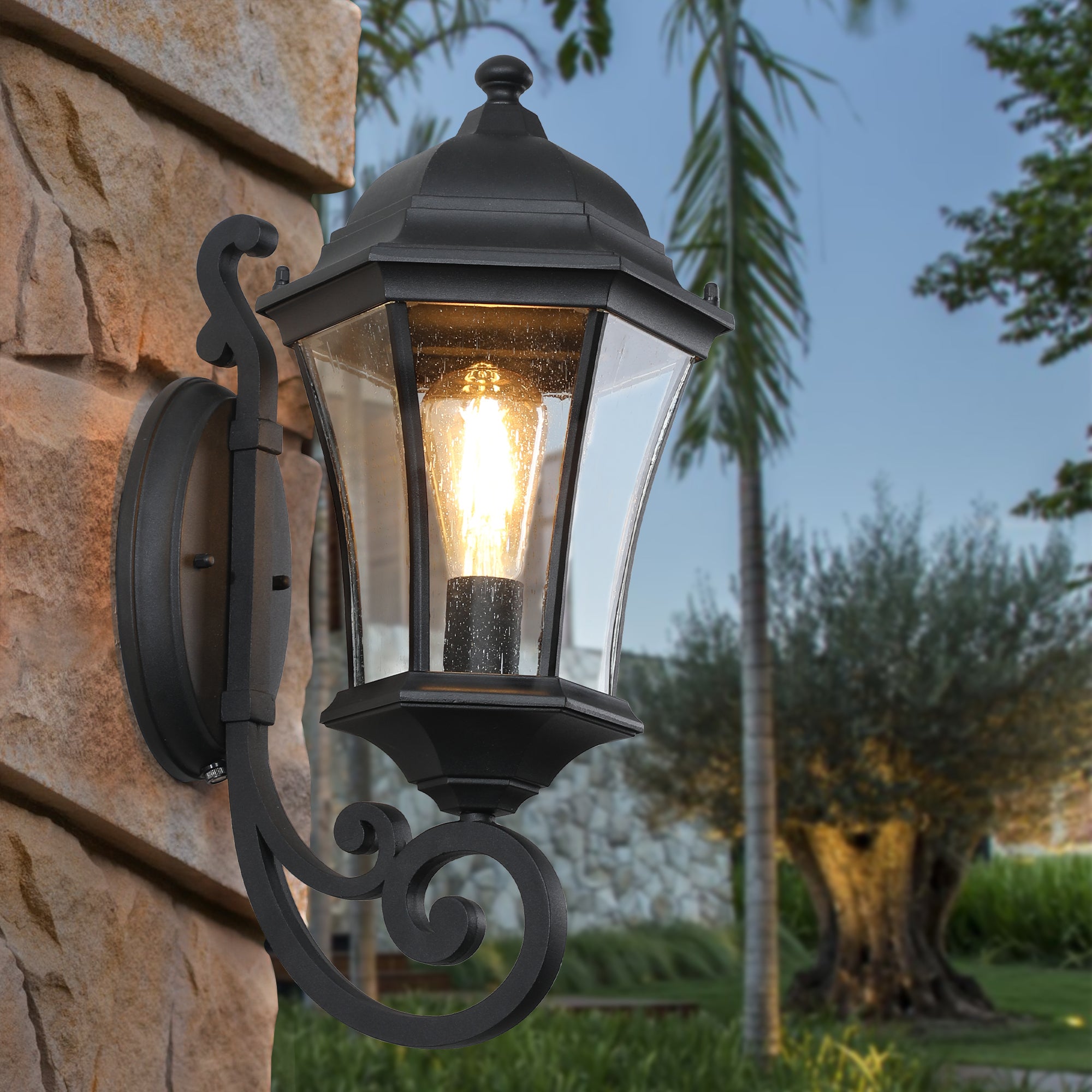 Outdoor Wall Lantern with Dusk-to-Dawn Sensor, Hammered Glass, Black