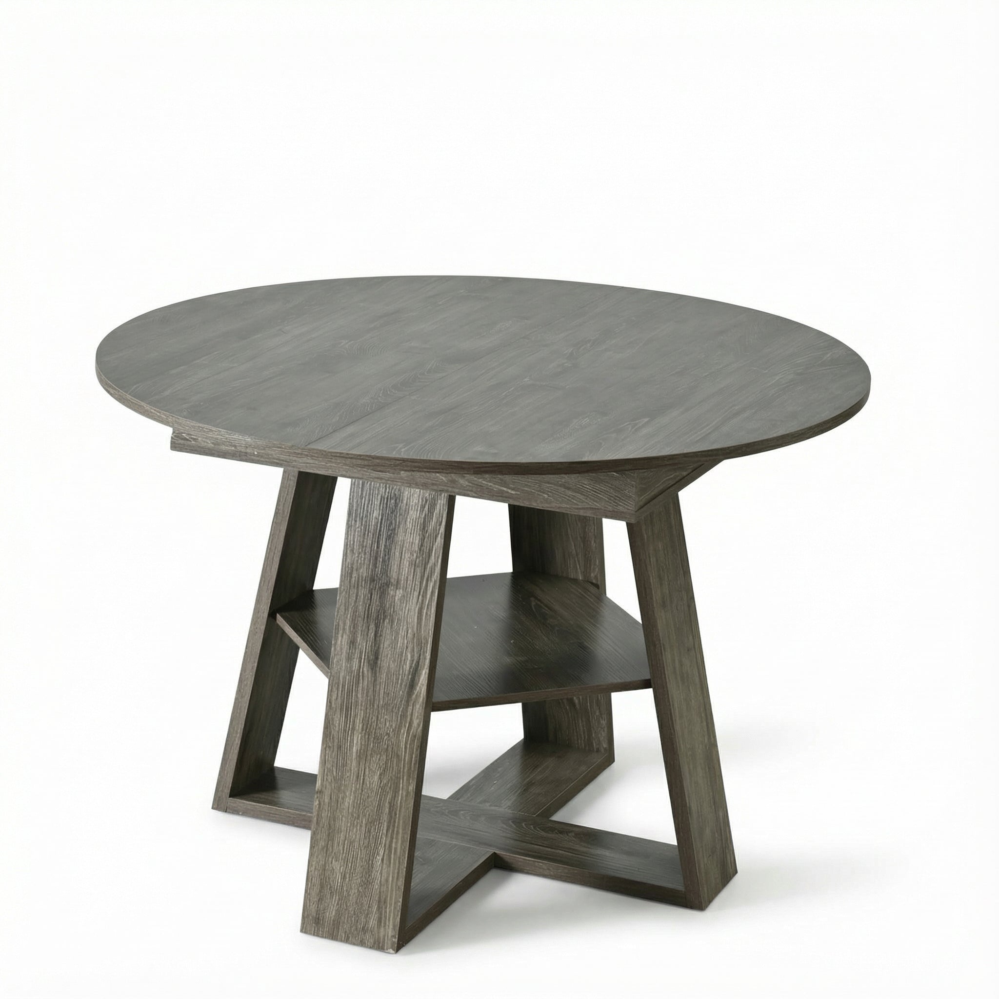 Three-quarter studio view of the compact gray round table with lower shelf