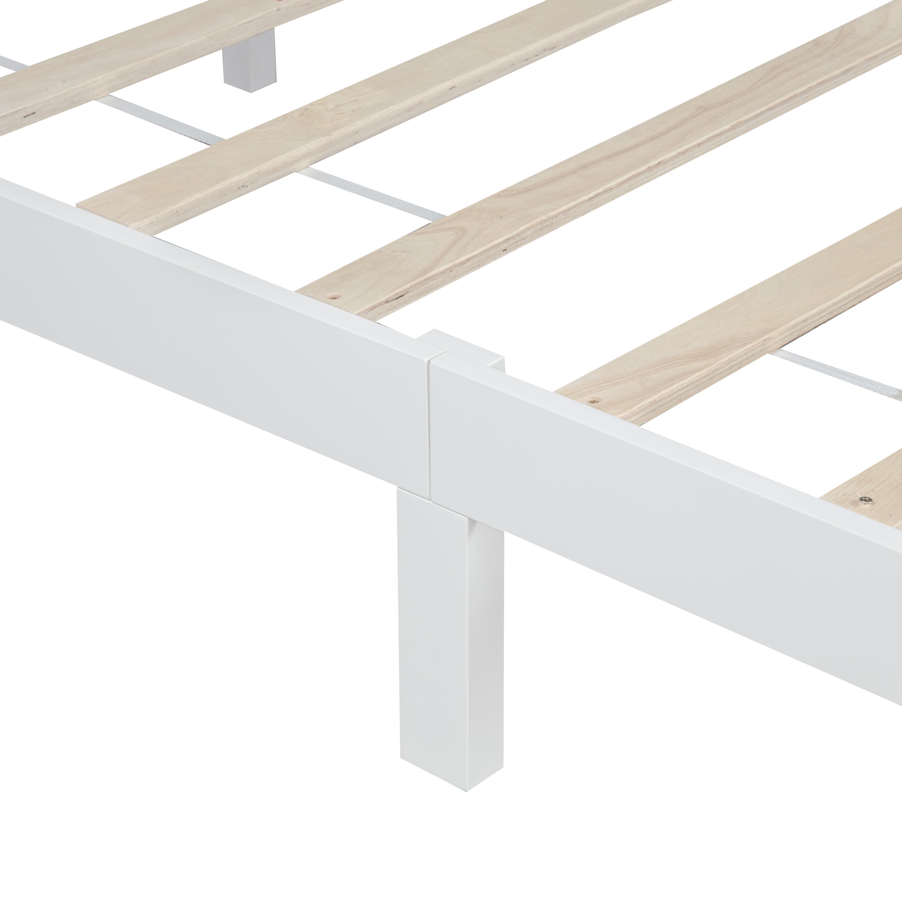 Close-up of a white corner leg and side rail with wood slats and a center support leg