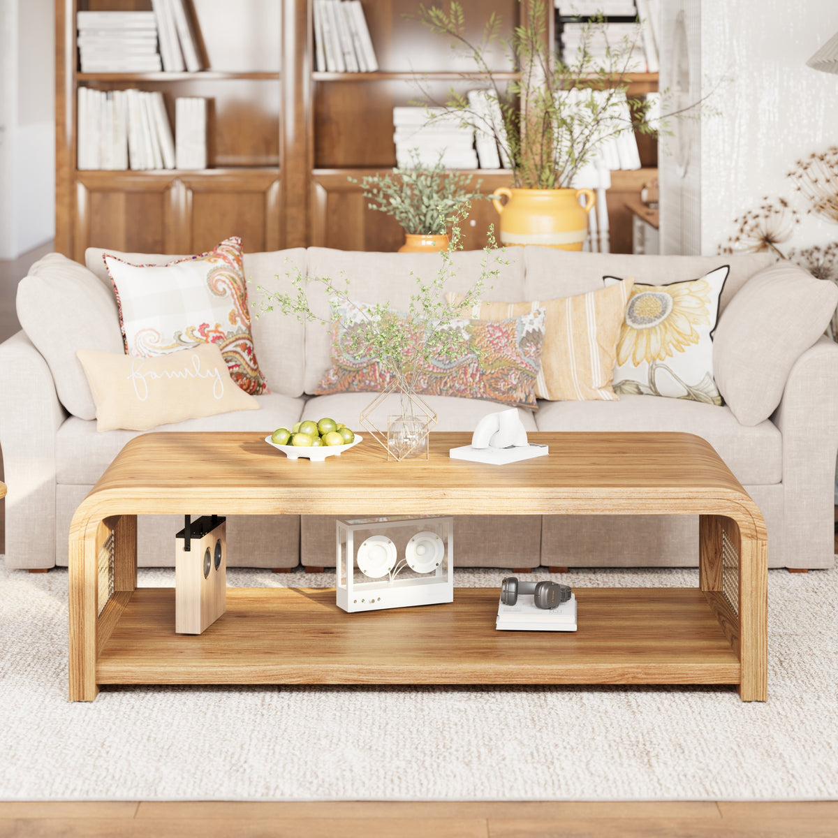 Natural Rattan Rectangular Coffee Table with Storage, 47.2 in