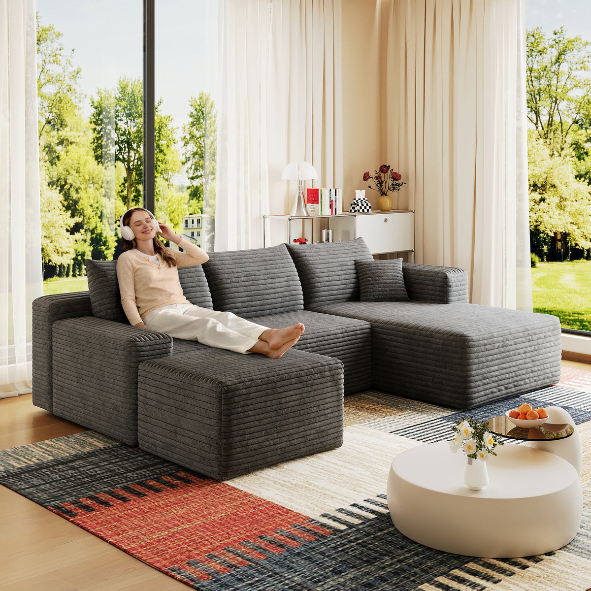 Dark Gray Corduroy L-Shaped Sectional with Ottoman, 95 in Wide