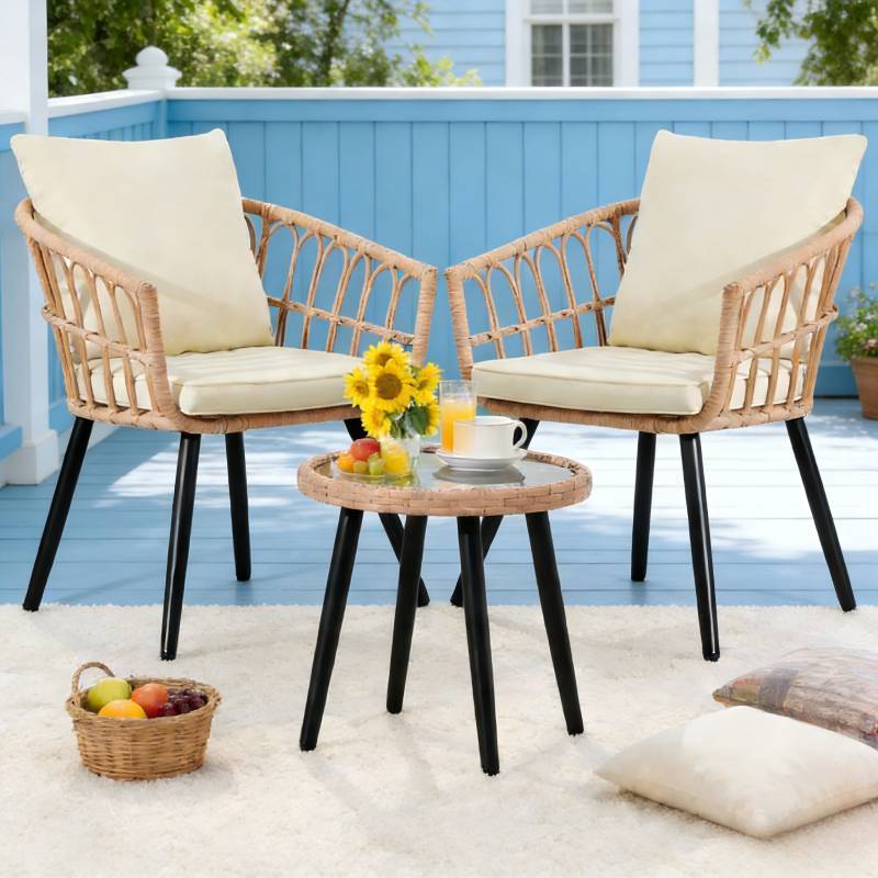 3-Piece Patio Bistro Set, Resin Wicker Table with 2 Chairs, Beige