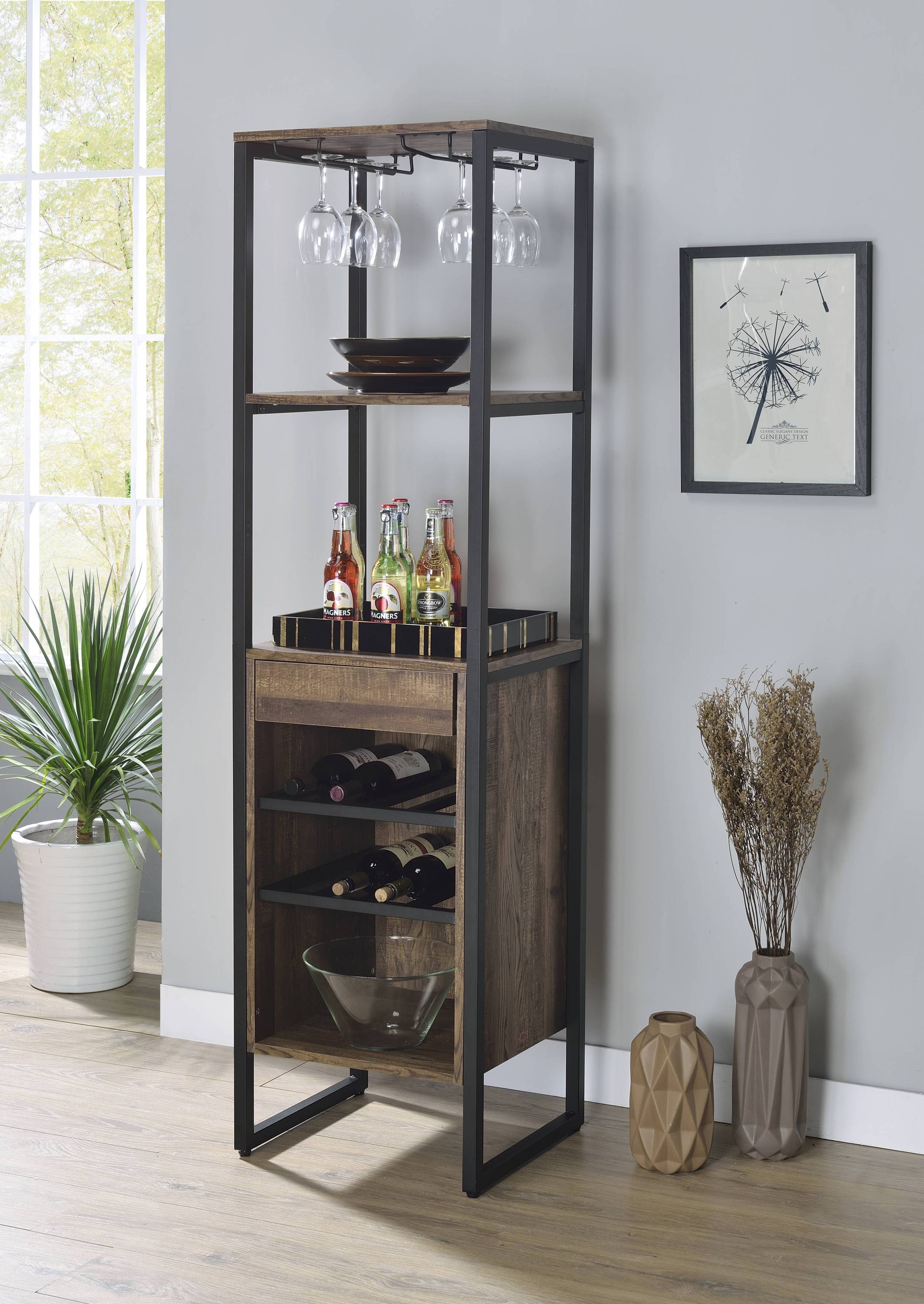 Weathered Oak Wine Rack, Metal Frame, Stemware & Drawer