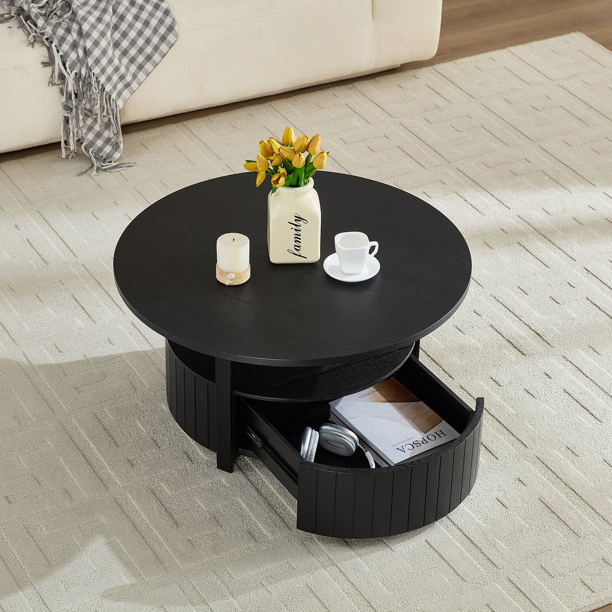 Black Round Coffee Table with Storage, 33.1 in, 16.5 in Tall