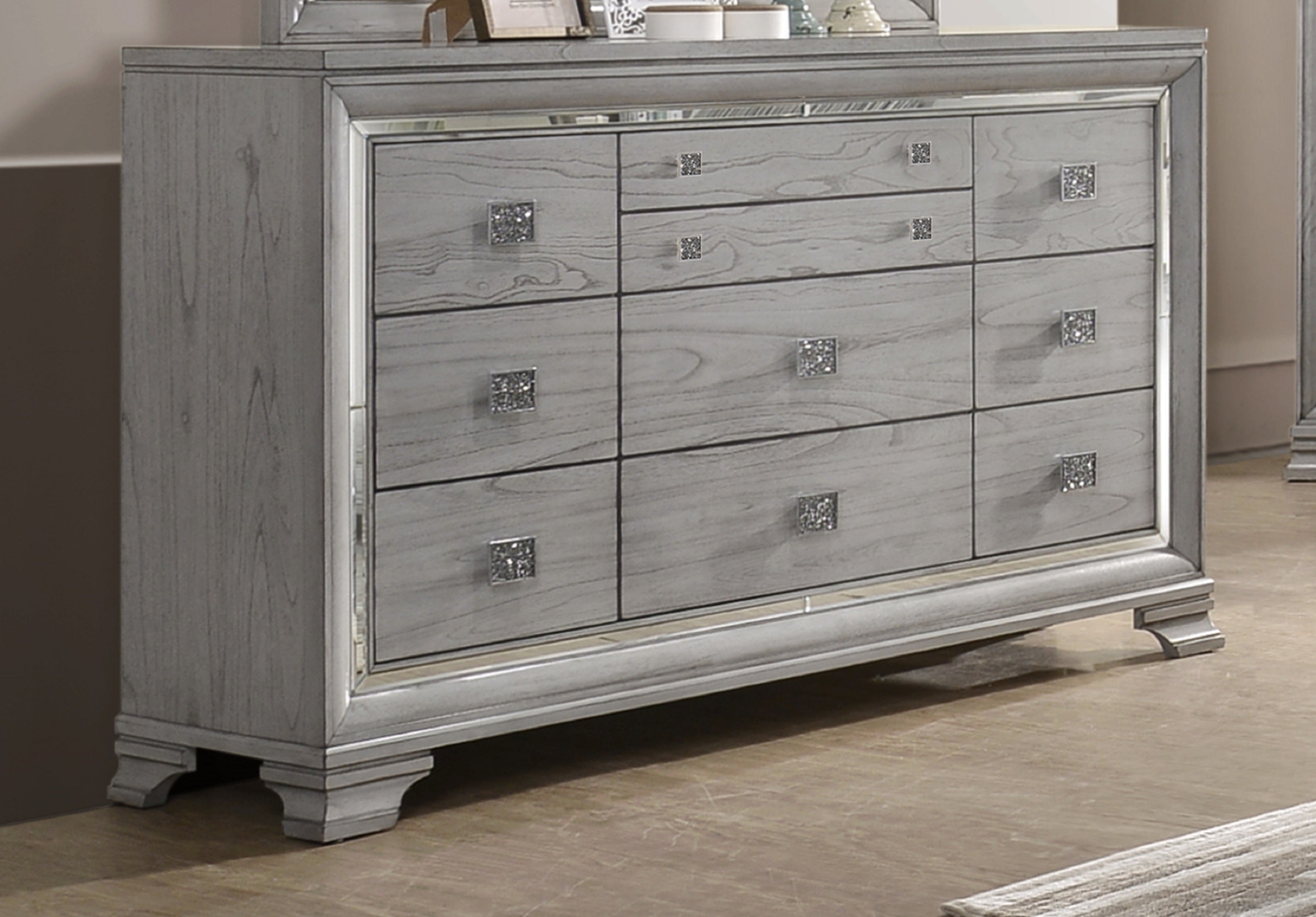 6-Drawer Solid Wood Dresser with Mirrored Accents, Light Gray
