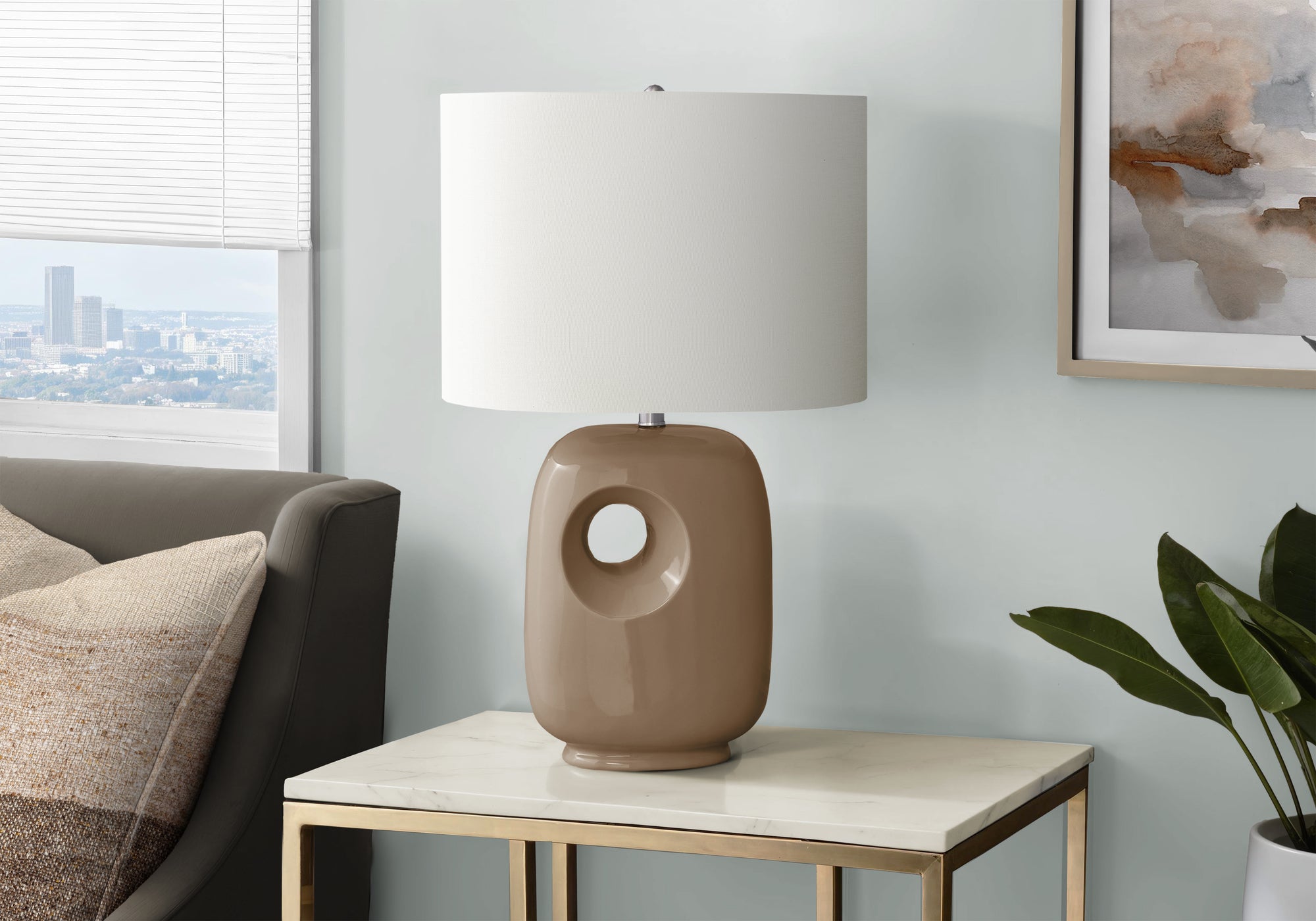 Table Lamp with Ceramic Base and Fabric Shade, 26 in, Brown