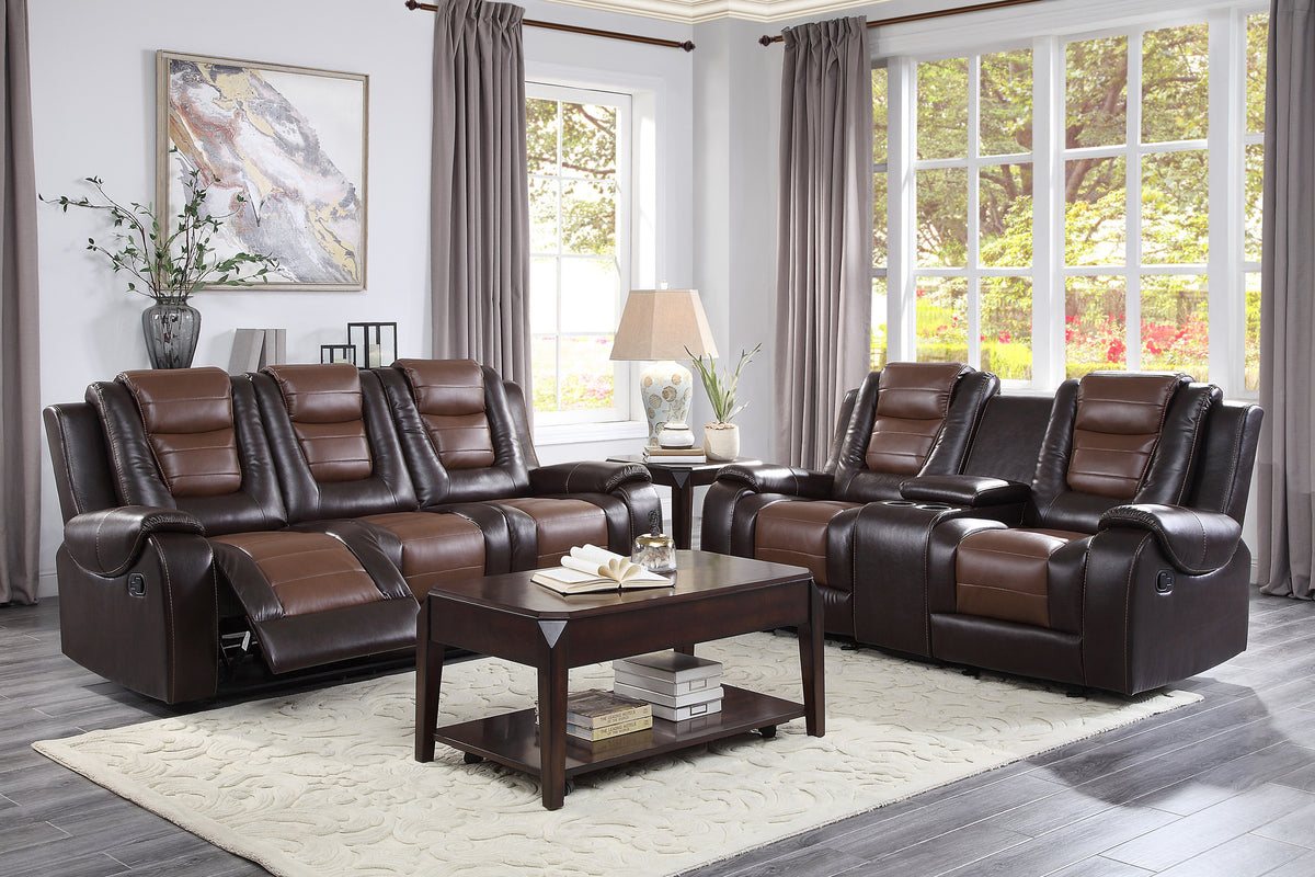 Dark Brown Vegan Leather Reclining Sofa and Loveseat Set
