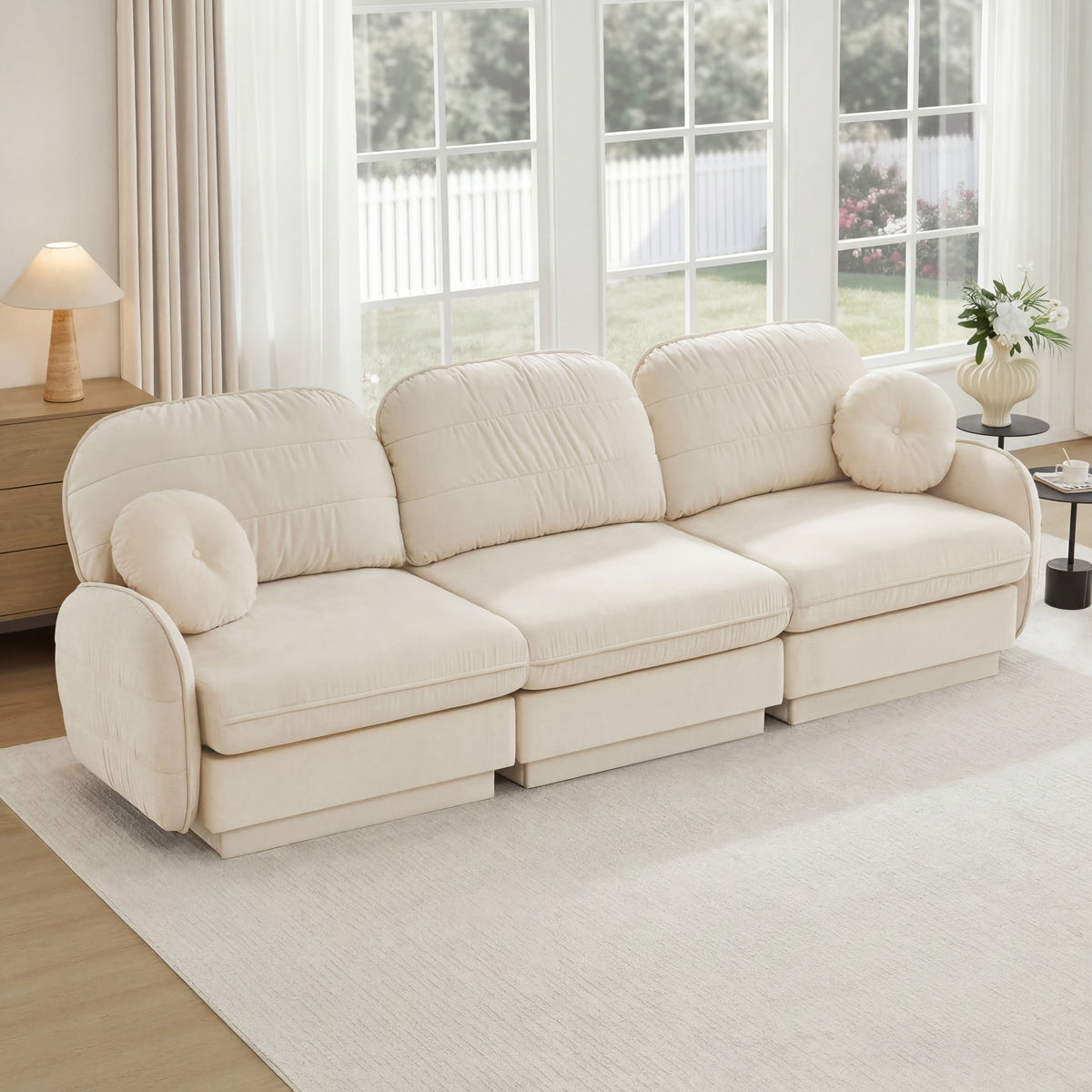 Cream Chenille 3-Seat Couch, Deep Seat, 105.1 in Wide