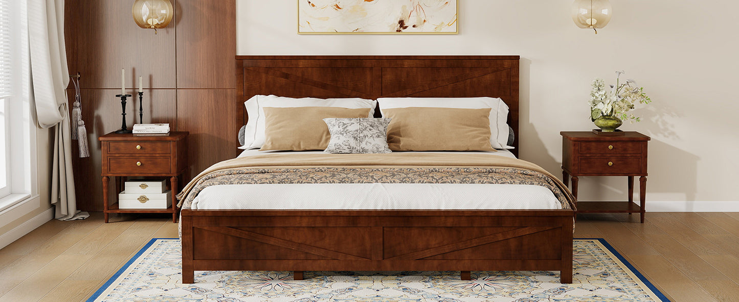 Farmhouse walnut king bed frame with robot vacuum passing underneath