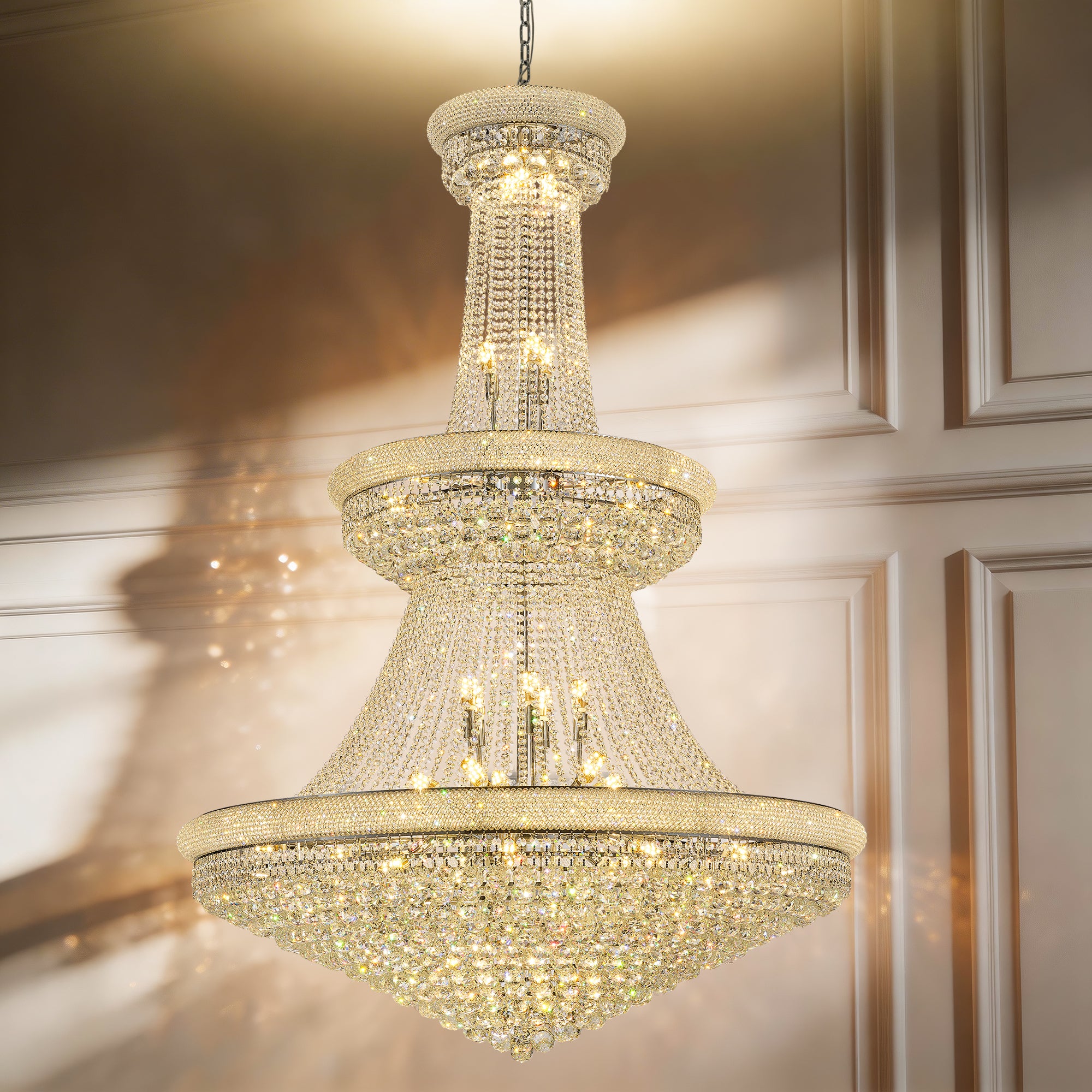 Crystal Chandelier, 48-Inch Height-Adjustable, Dimmable Chrome