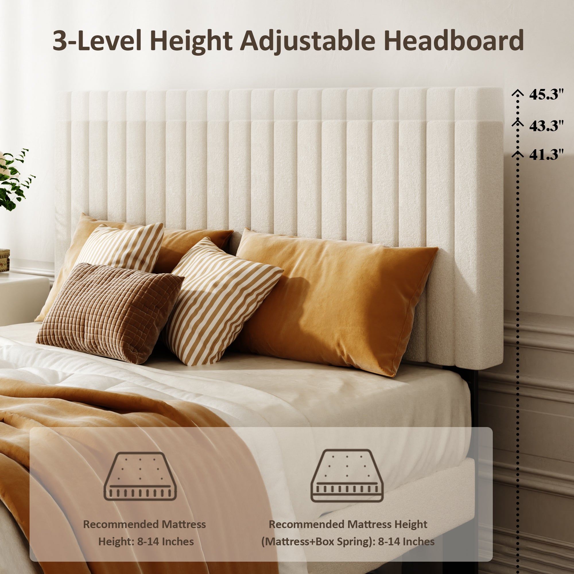 Diagram showing the headboard's 3-level height adjustment from 41.3 to 45.3 inches