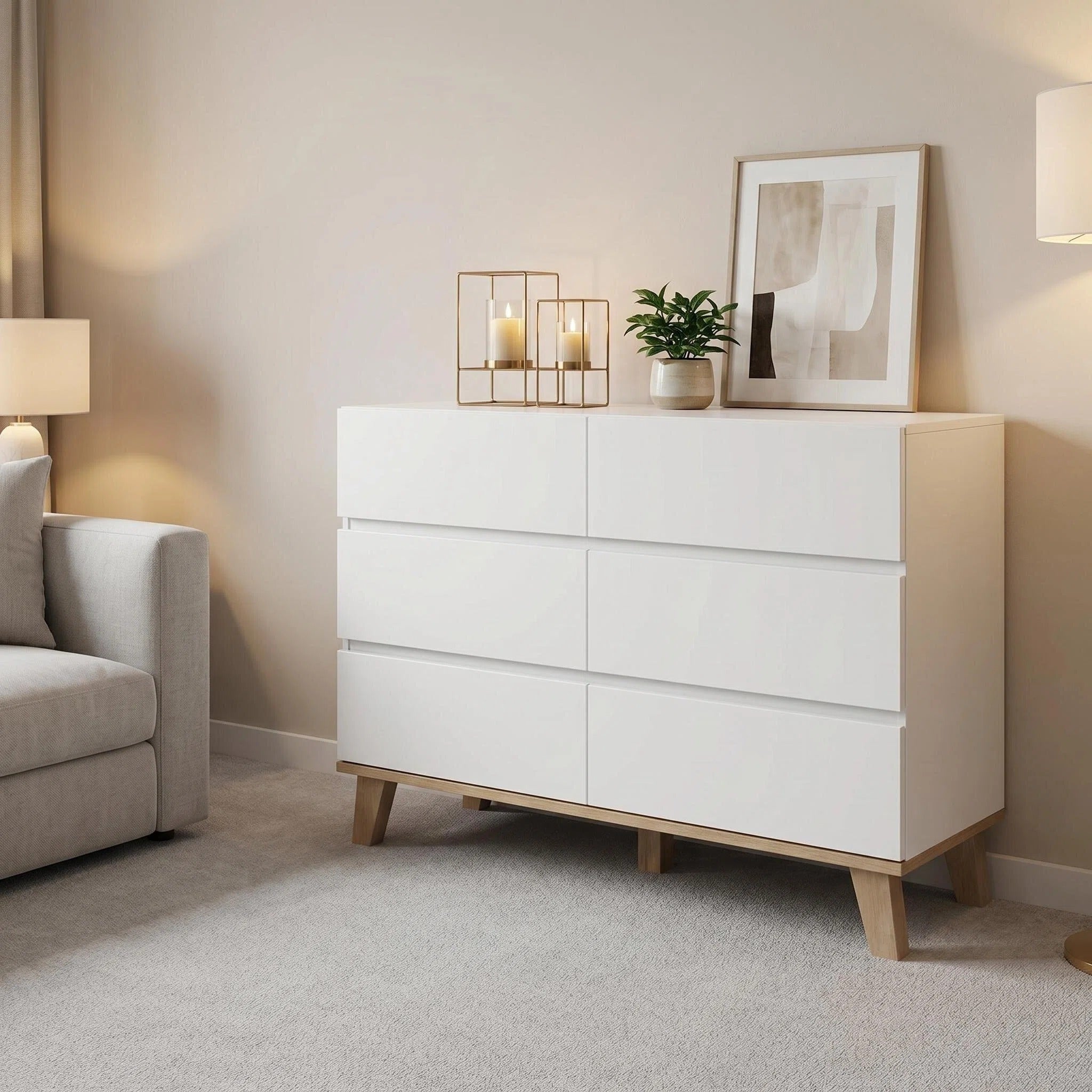 6 Drawer Dresser, 47in Wide, Handle-Free White and Natural