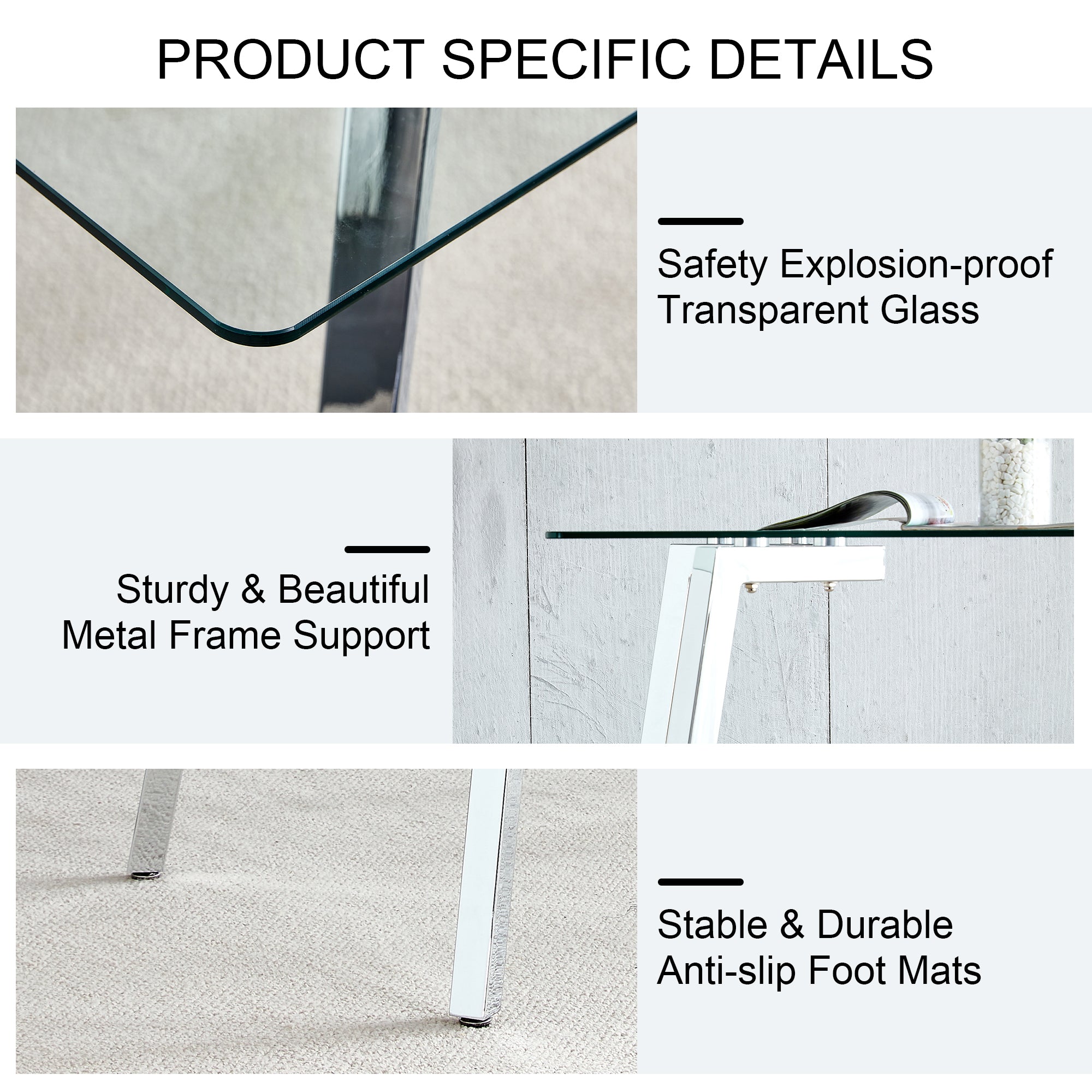 Feature graphic showing the explosion-proof glass, metal frame support and anti-slip foot mats