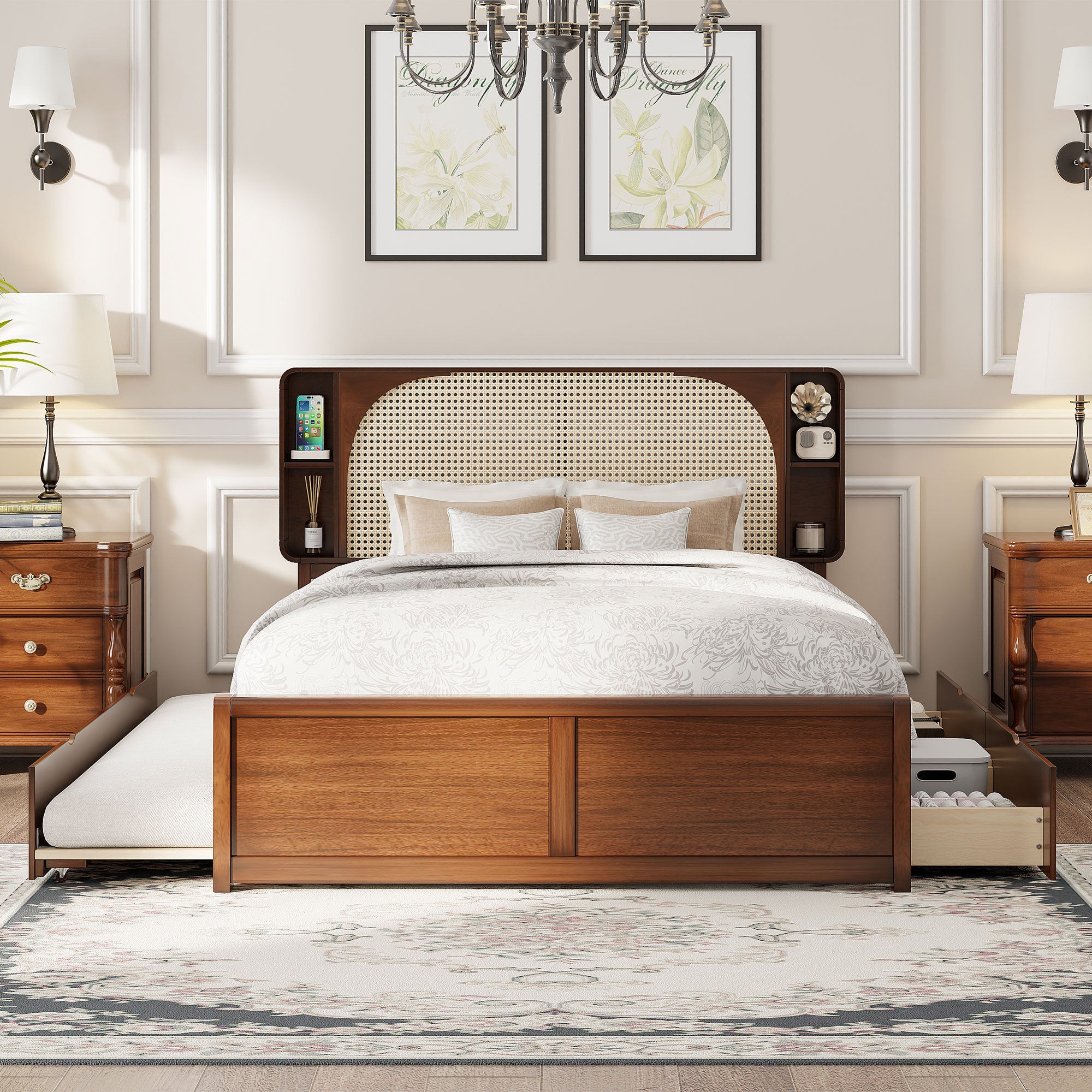 Queen Rattan Headboard Bed with Drawers and Trundle, Walnut