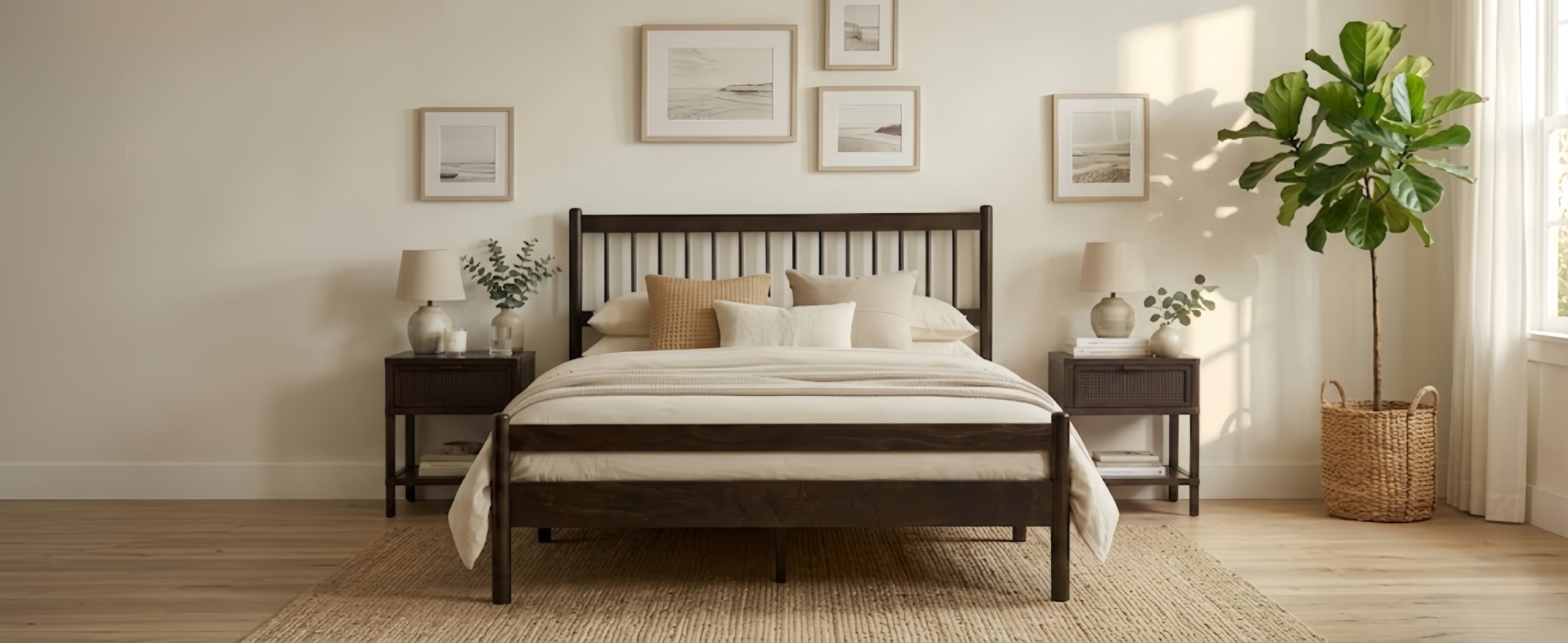 Studio photo of the brown Windsor queen bed frame with beige bedding on a white background #Color_Brown
