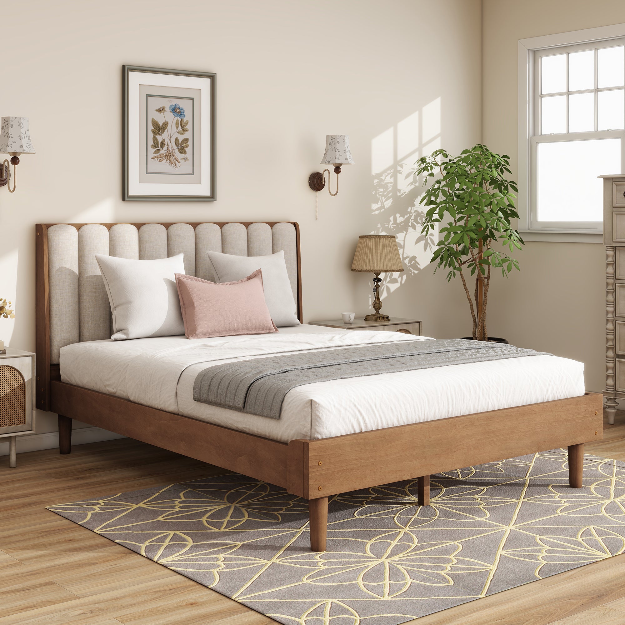 Angled view of the wheat piano-key queen bed and headboard in a warm bedroom with a wood frame and tapered legs