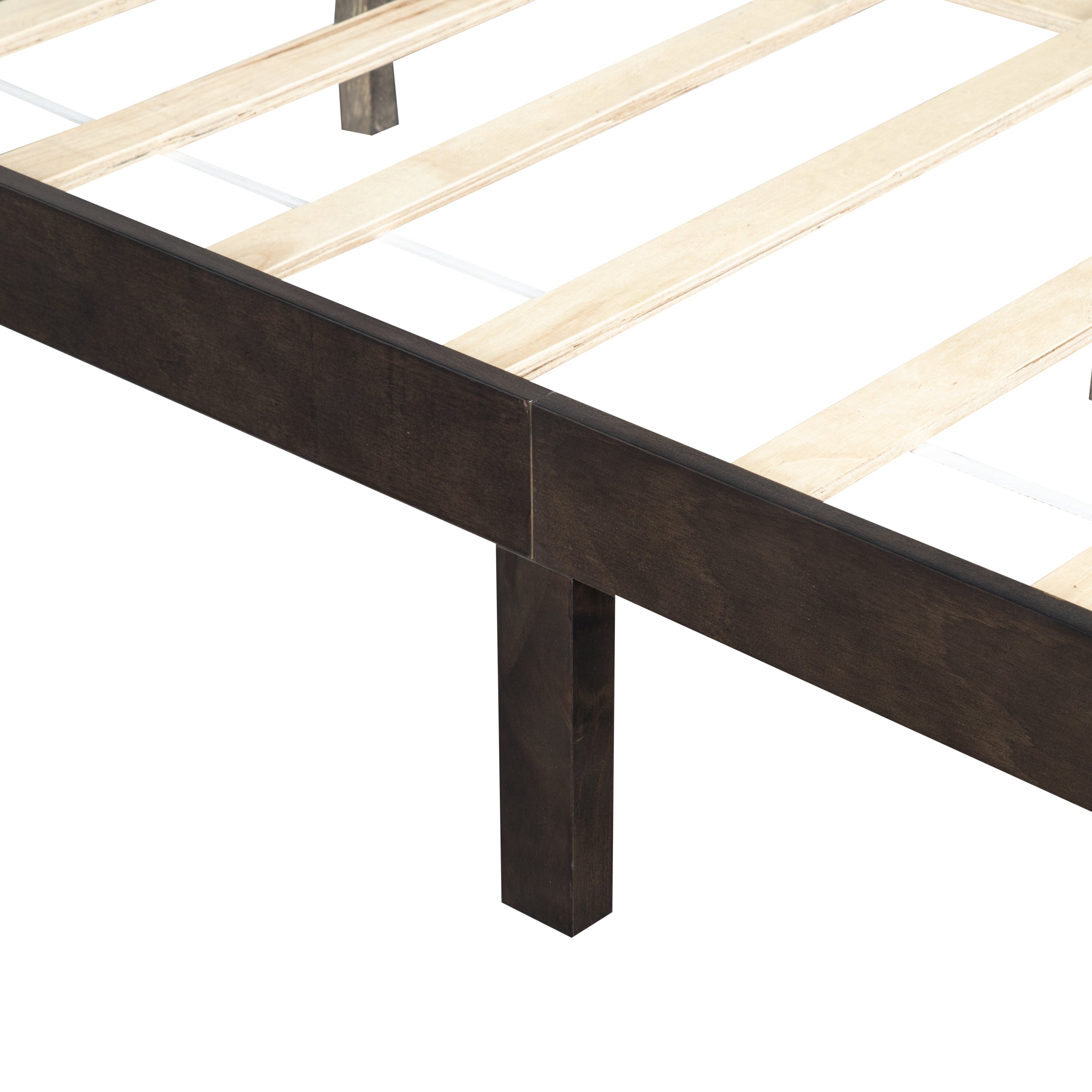 Angled studio view of the bare brown queen bed frame with a full set of wood slats #Color_Brown