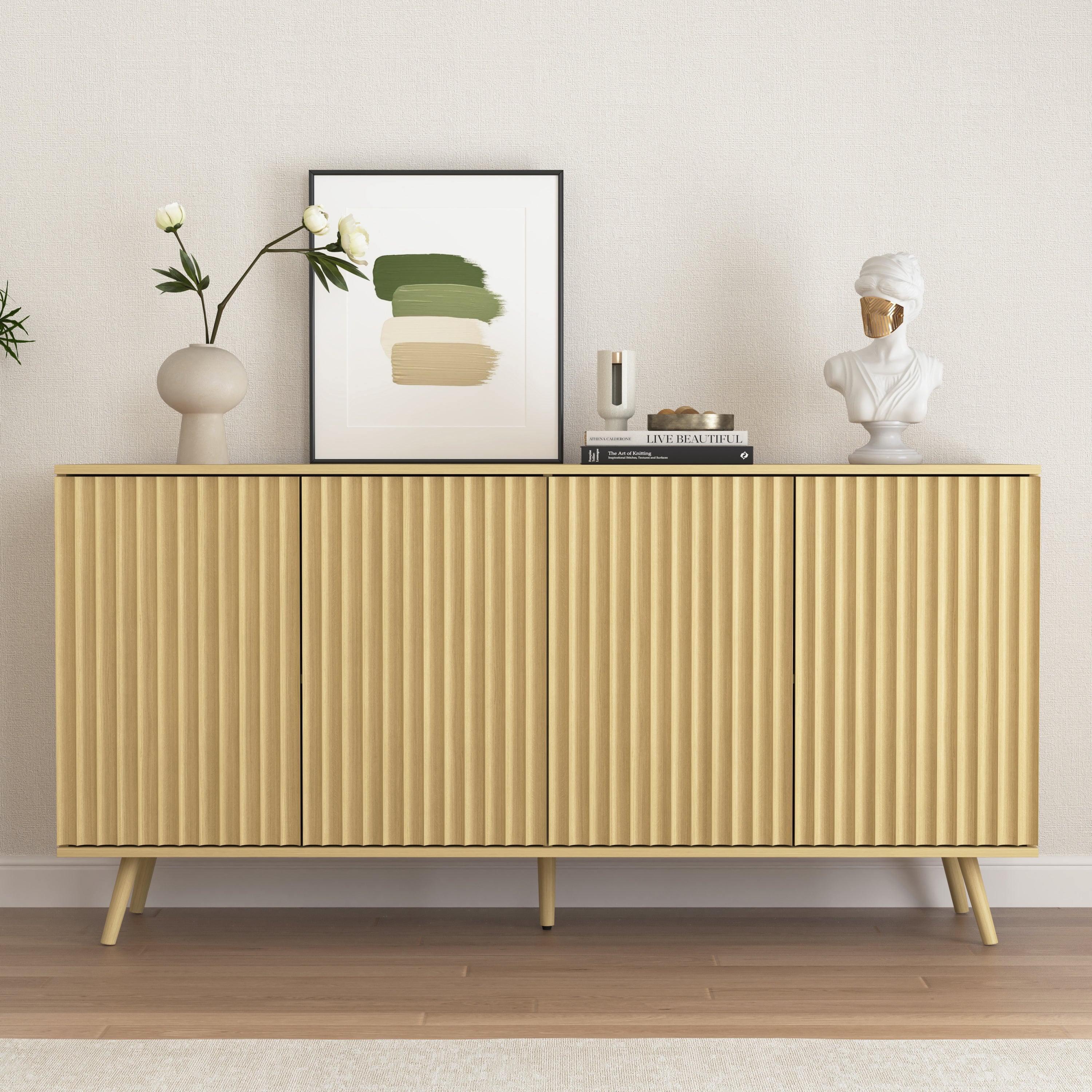 Fluted 4-Door Bar Cabinet, 59 in, Natural