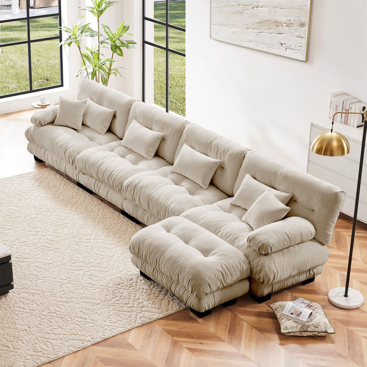 Brown Chenille Modular Sectional Couch with Ottoman, 4-Seat
