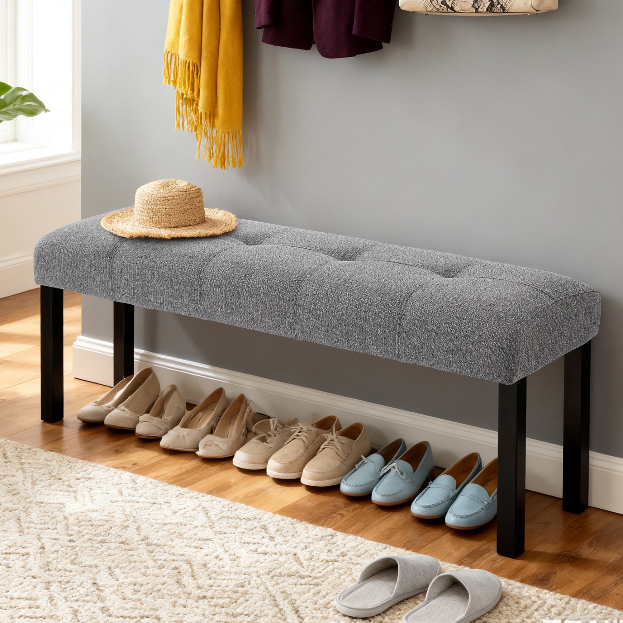 Tufted Linen Dining Bench, Gray Backless with Black Wood Legs