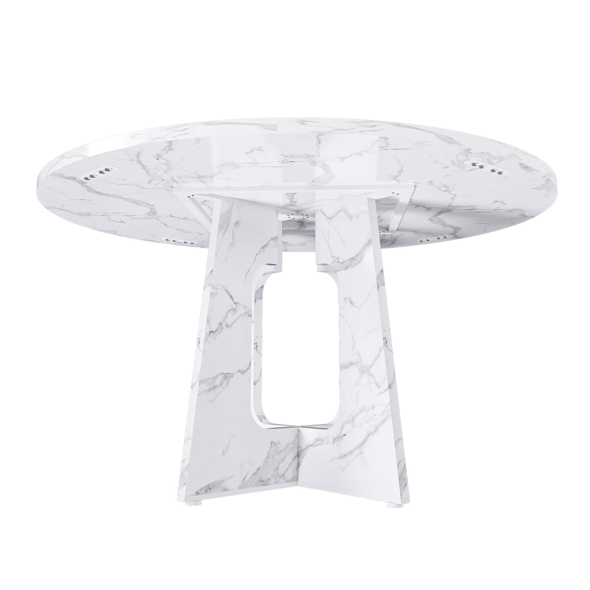 Underside view of the white faux marble round table showing cross base and metal connectors, white background
