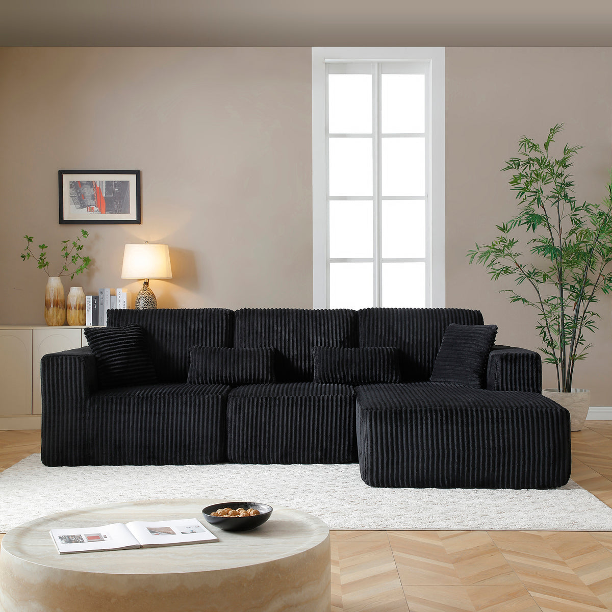 Black Corduroy L-Shaped Modular Sectional, 109 in Wide, Right-Facing
