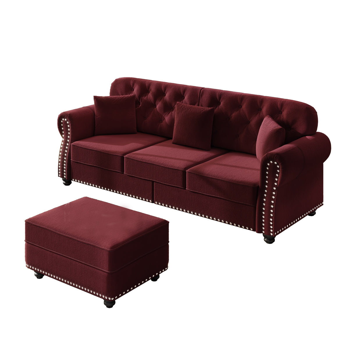 Burgundy Velvet 3-Seat Chesterfield Sofa, 82.6 in Wide, 29.9 in Deep