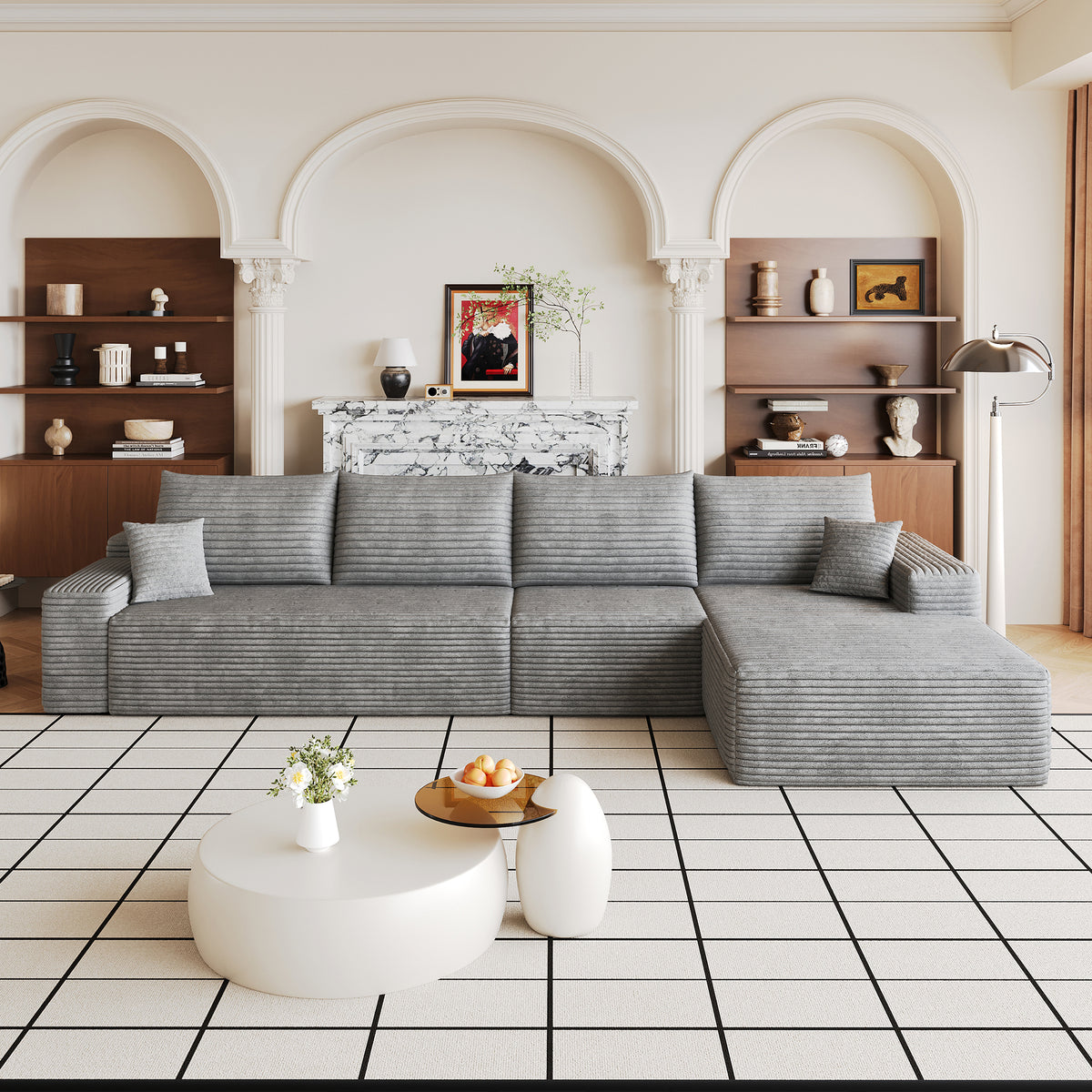 Gray Corduroy L-Shaped Modular Sectional, 135 in Wide, Right-Facing