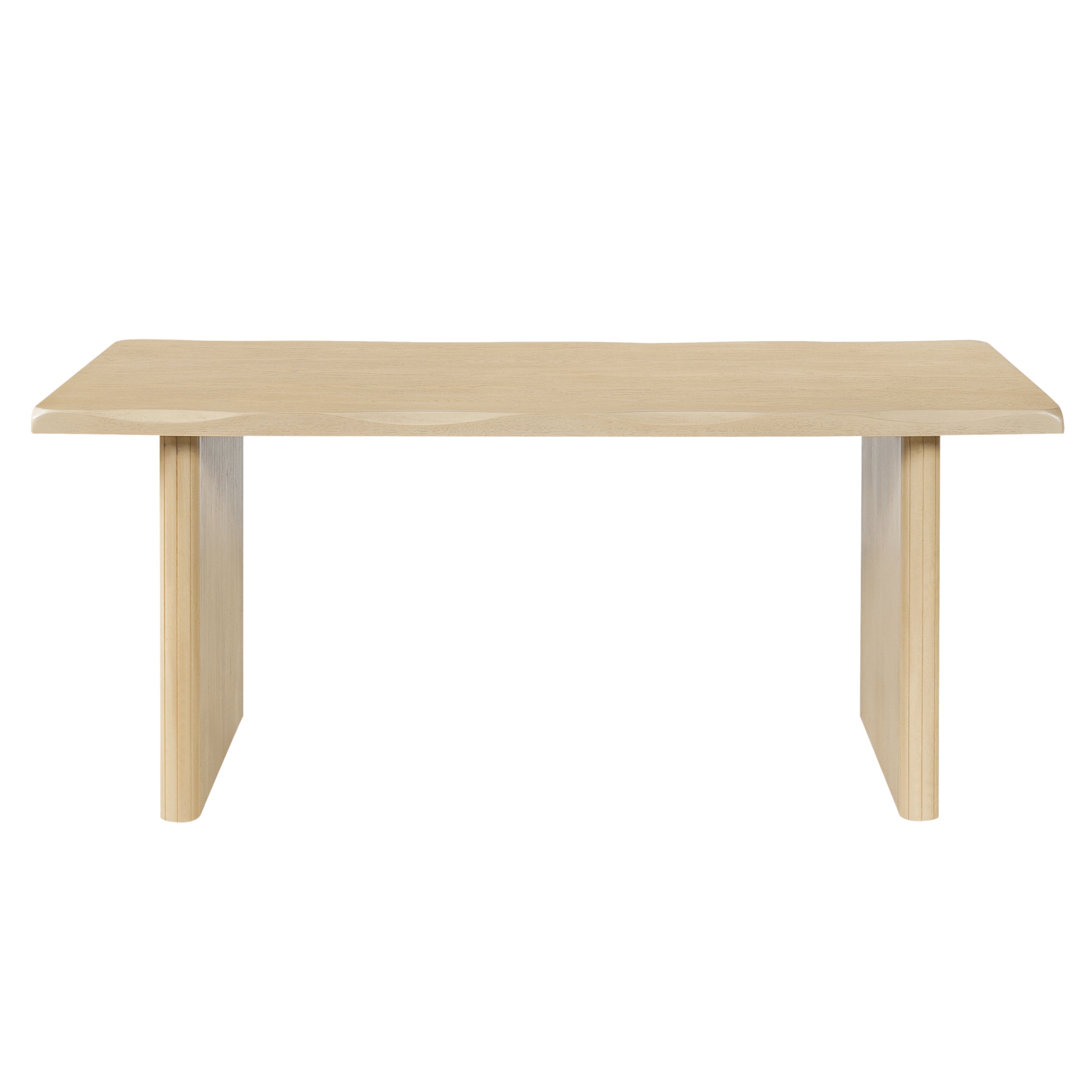 Natural oak scalloped-edge dining table, front view on plain white studio background