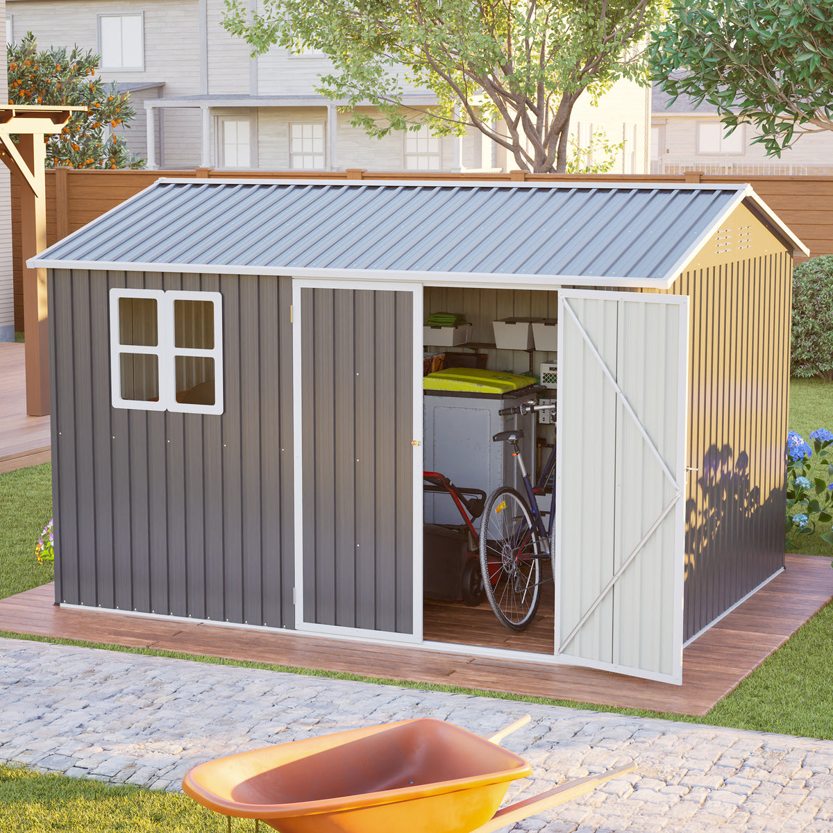 8x10 ft Gray Metal Storage Shed with Window, Sloped Roof