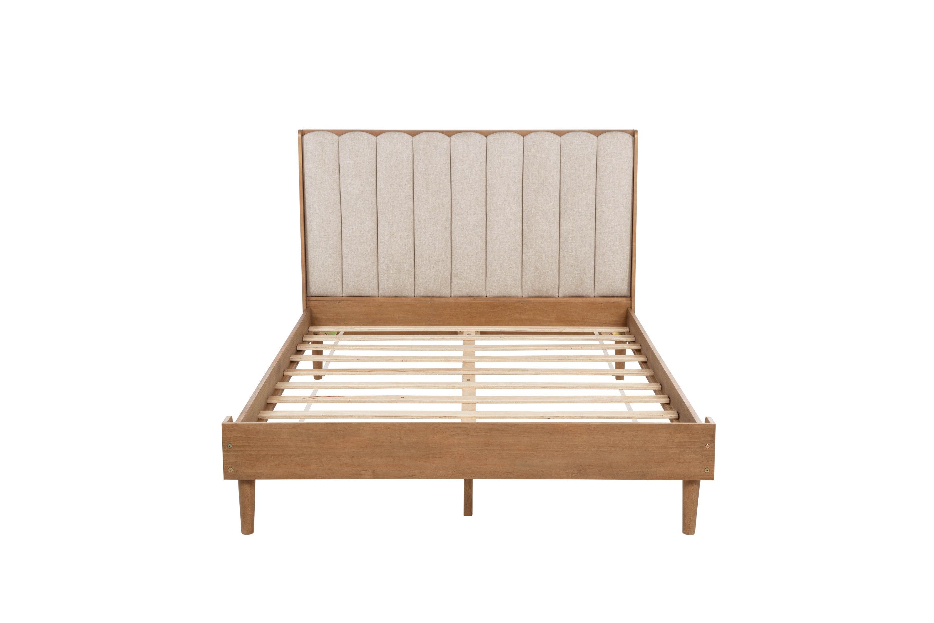 Front studio view of the bare wheat piano-key bed frame with wood slats and tapered legs