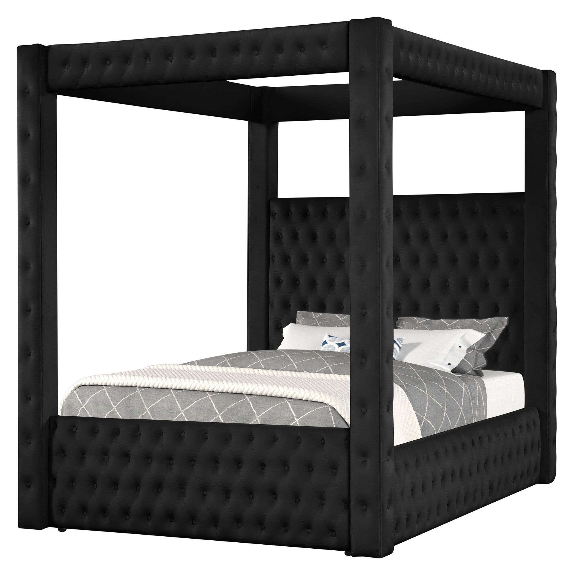 Solid Wood King Four-Poster Bed, Tufted Black Velvet