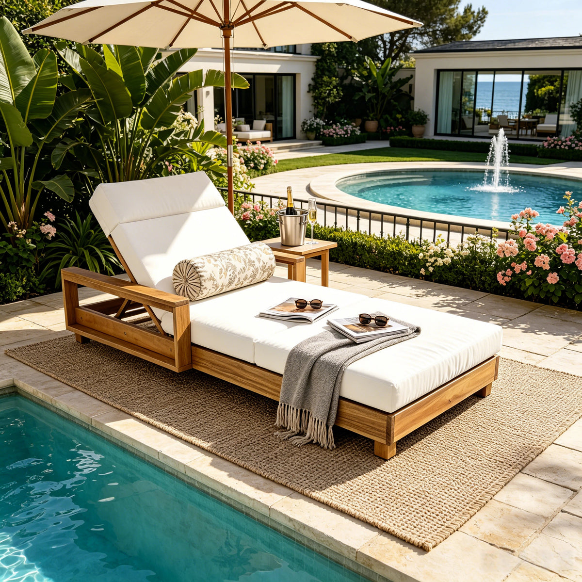 Natural Solid Wood Outdoor Chaise Lounge, Cream Cushion, 4-Fold Cushion