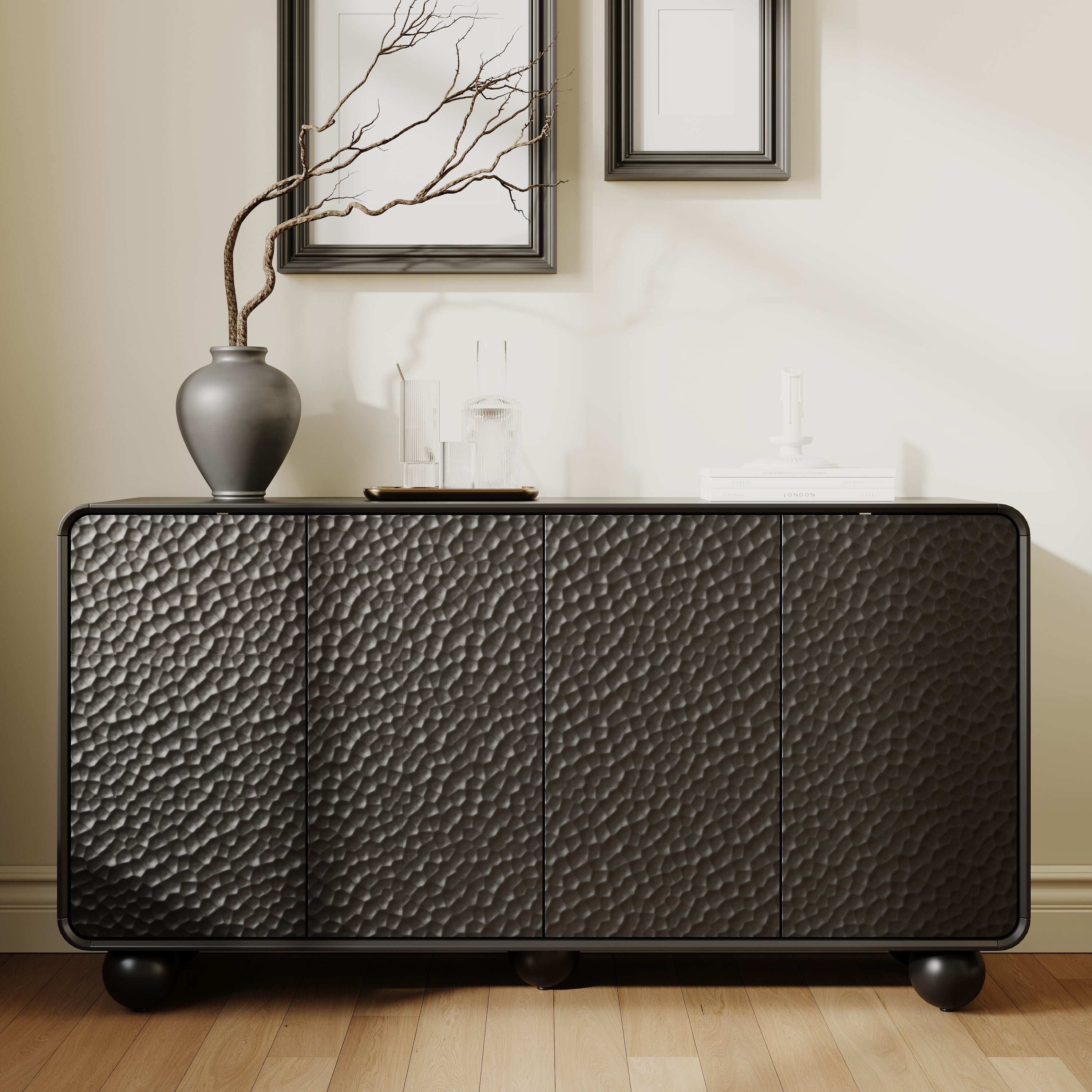 Black Modern Sideboard, 59in Curved 4-Door Buffet Cabinet