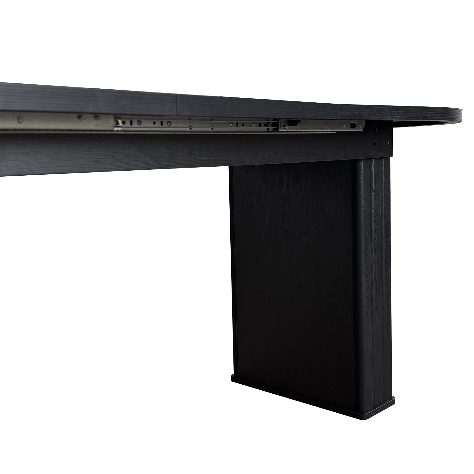 Underside close-up showing the slide rail and grooved black pedestal leg of the table