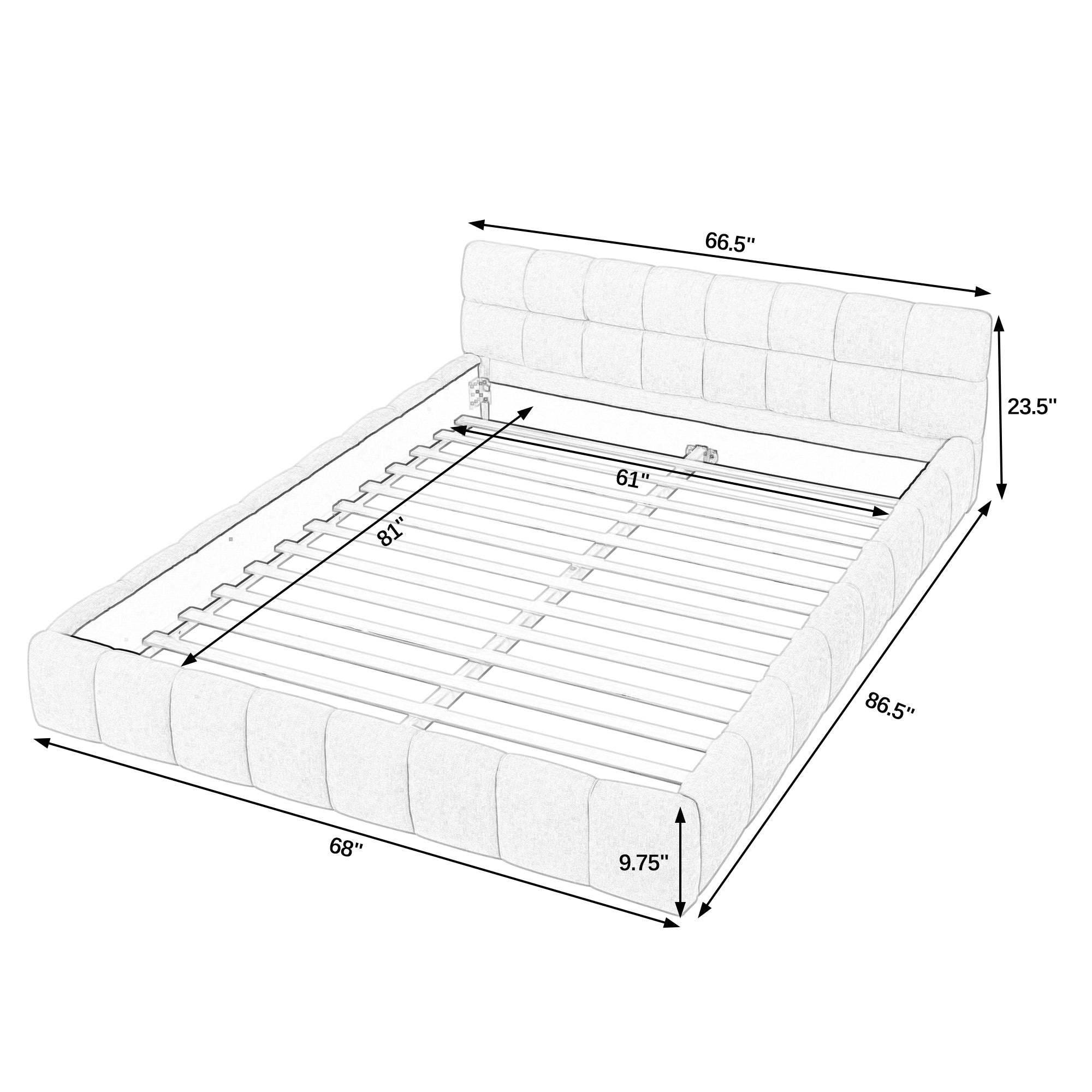 Dimensions diagram of the dark grey chenille platform bed with measurements labeled #Color_Dark Grey