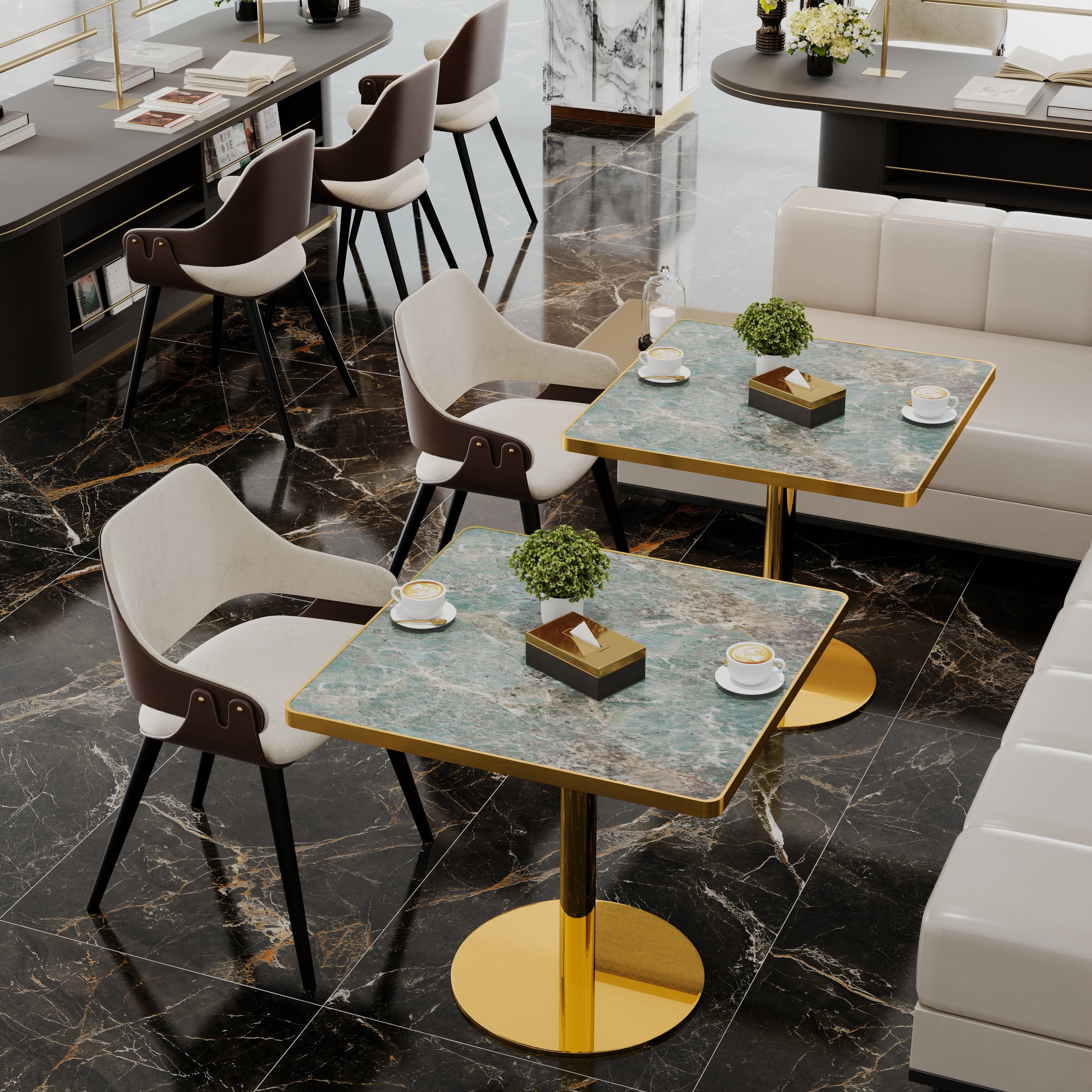Green stone square tables with gold bases in a black marble-floored cafe lounge