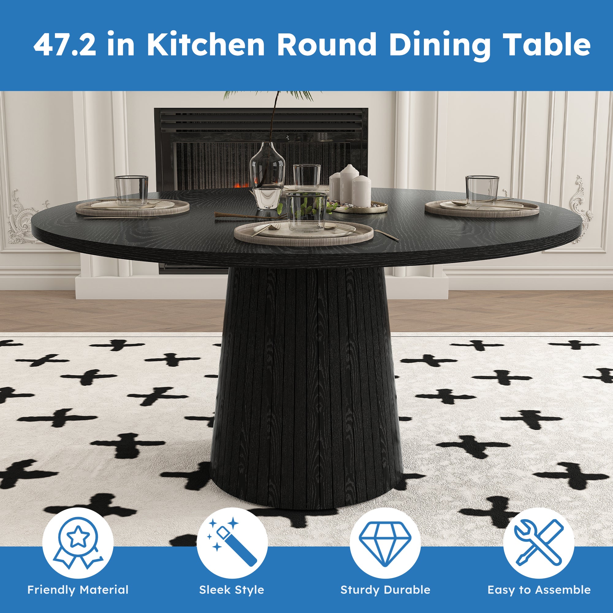 Feature graphic titled 47.2 inch kitchen round dining table with friendly material and easy assembly icons