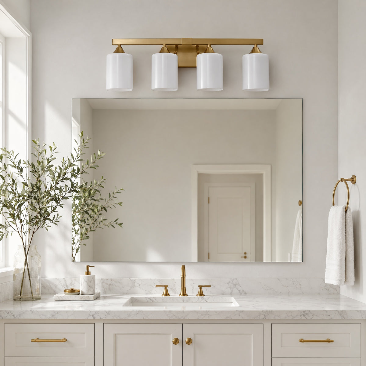 Vanity Light, 4-Light Iron, Glass Shade, Gold
