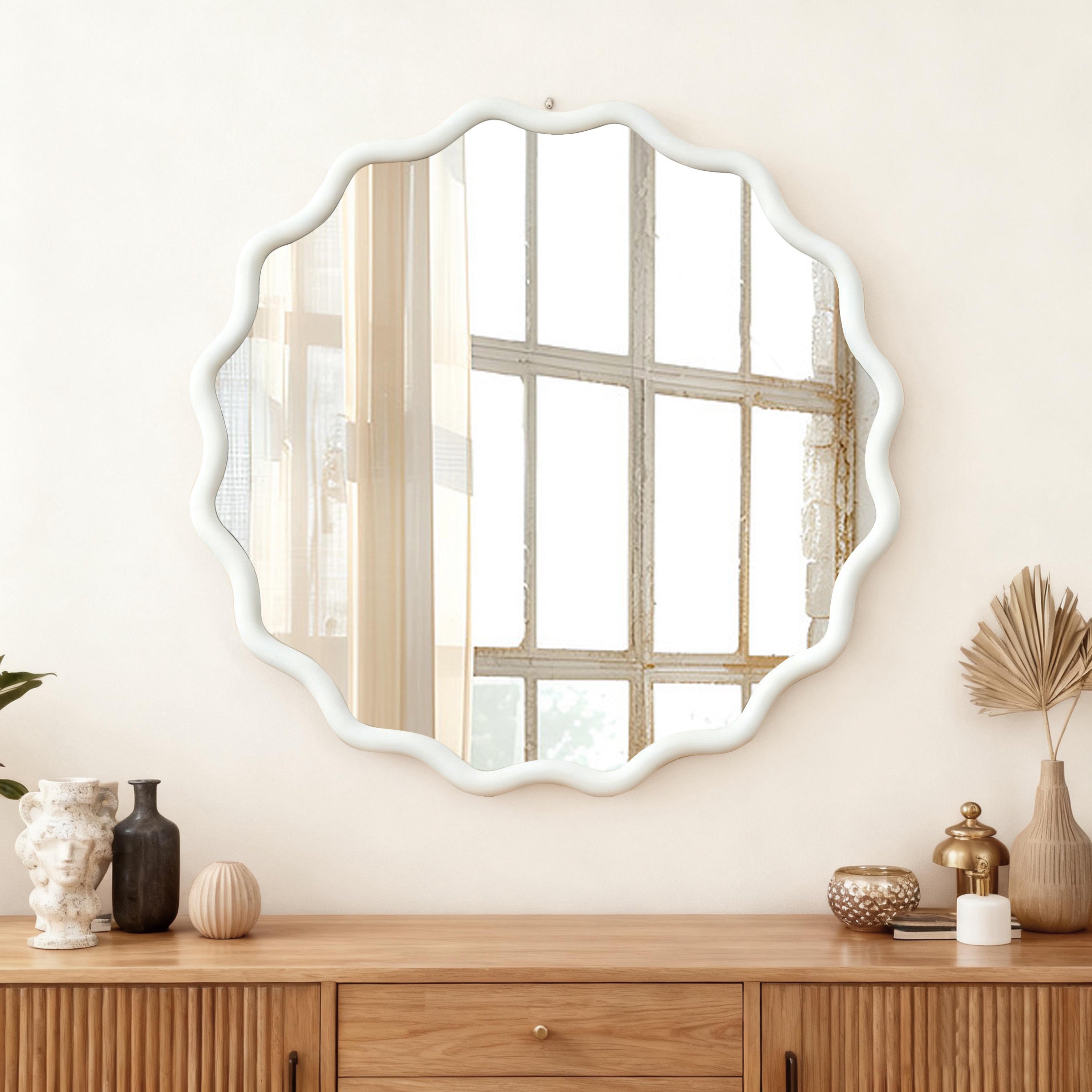 30 Inch Wavy Round Mirror, White Solid Wood Frame