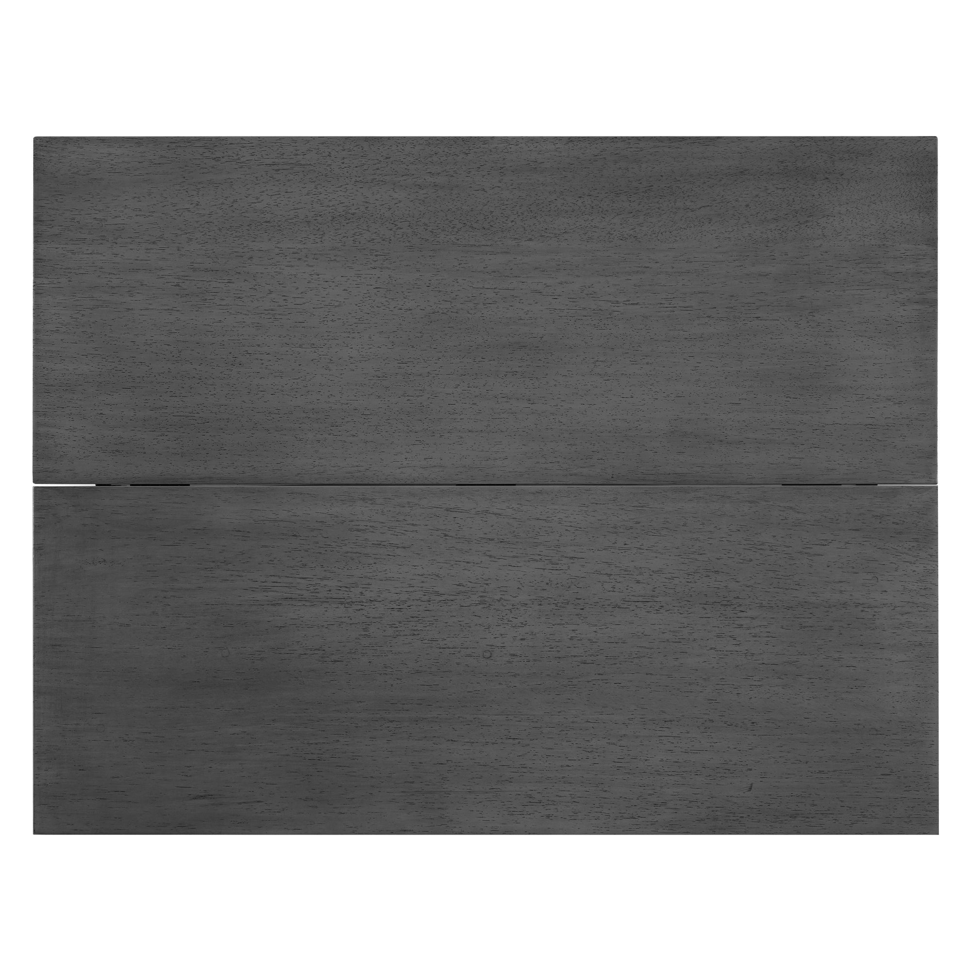 Overhead view of the gray acacia veneer tabletop on a white background