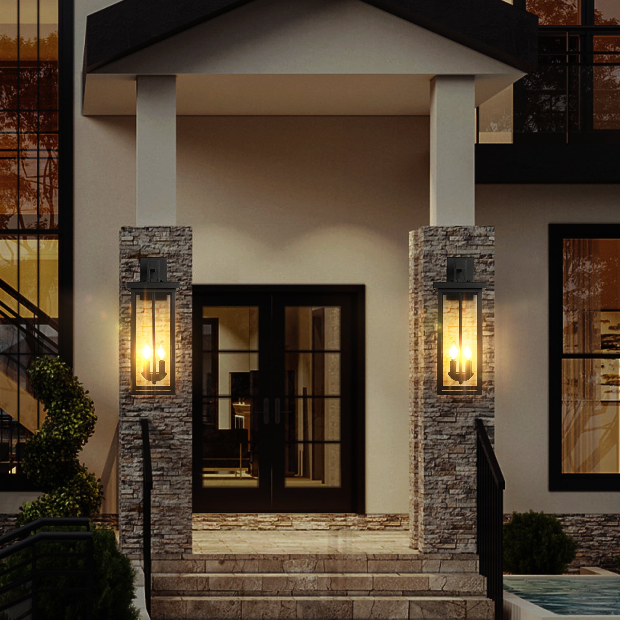 Outdoor Wall Lantern Set, Two-Light Design, Black Aluminum