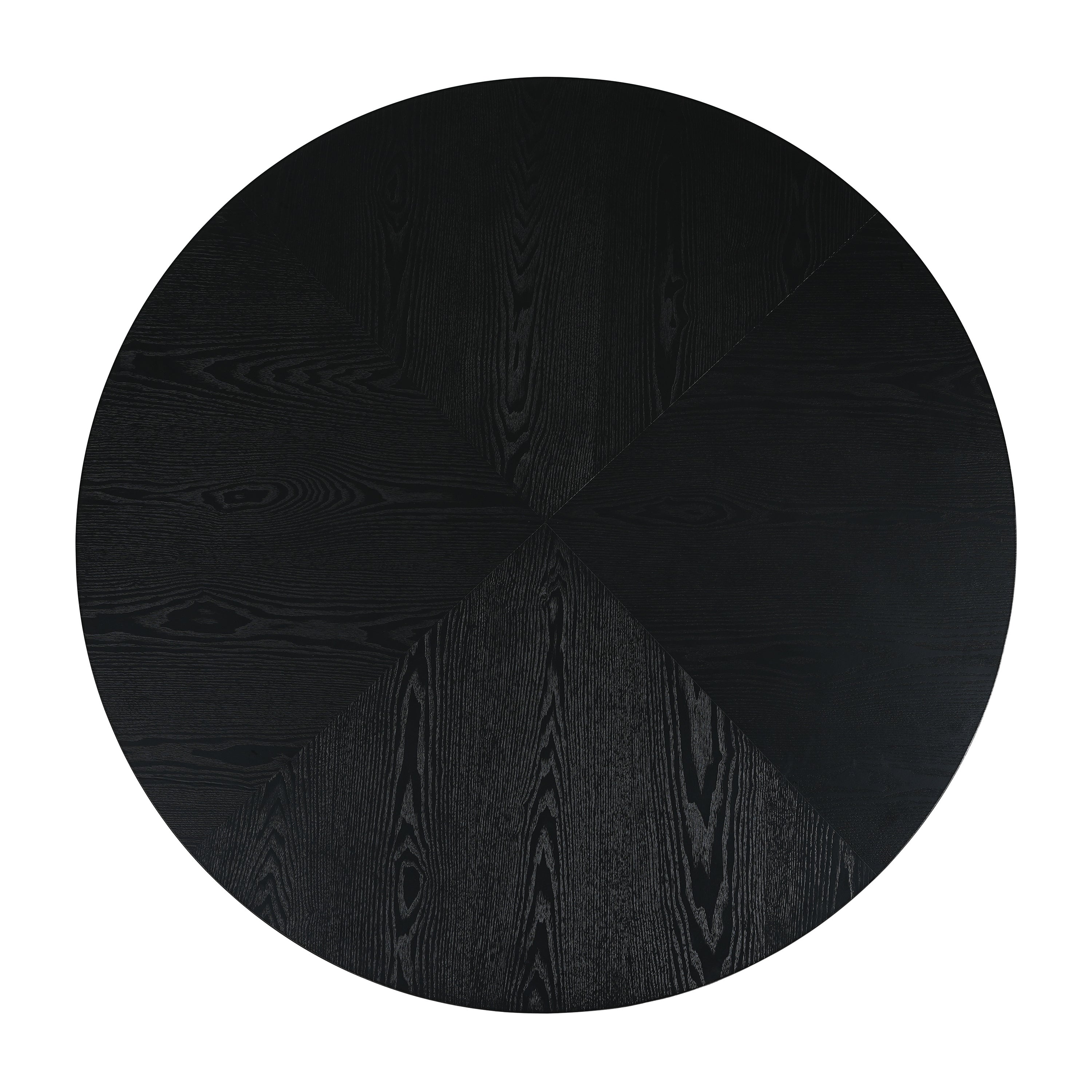 Overhead view of the black wood-grain round tabletop