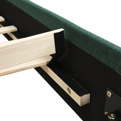 Close-up of slat-to-frame bracket connection on olive green bed frame