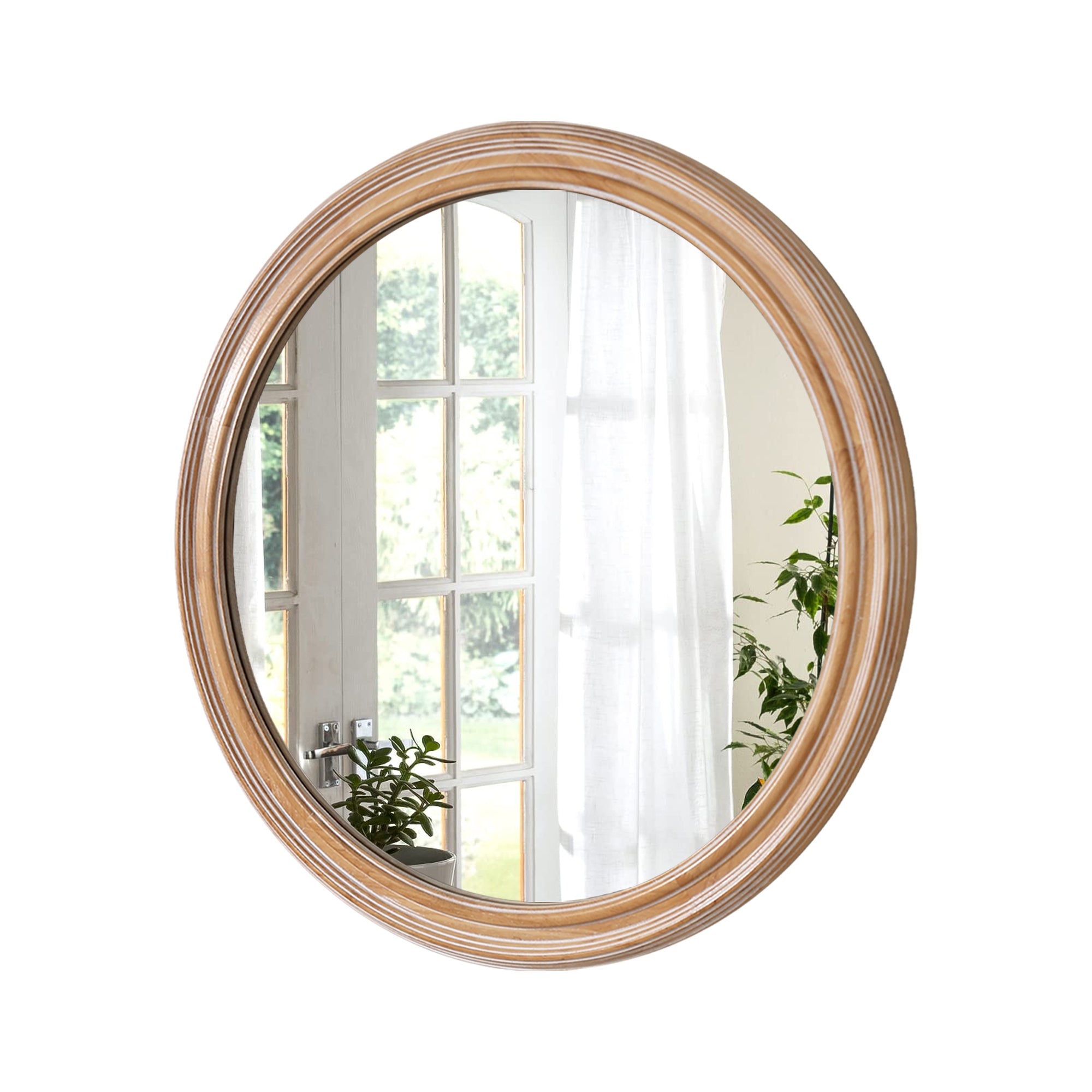 Round Mirror with Ribbed Wood Frame, 23.62 in, Natural