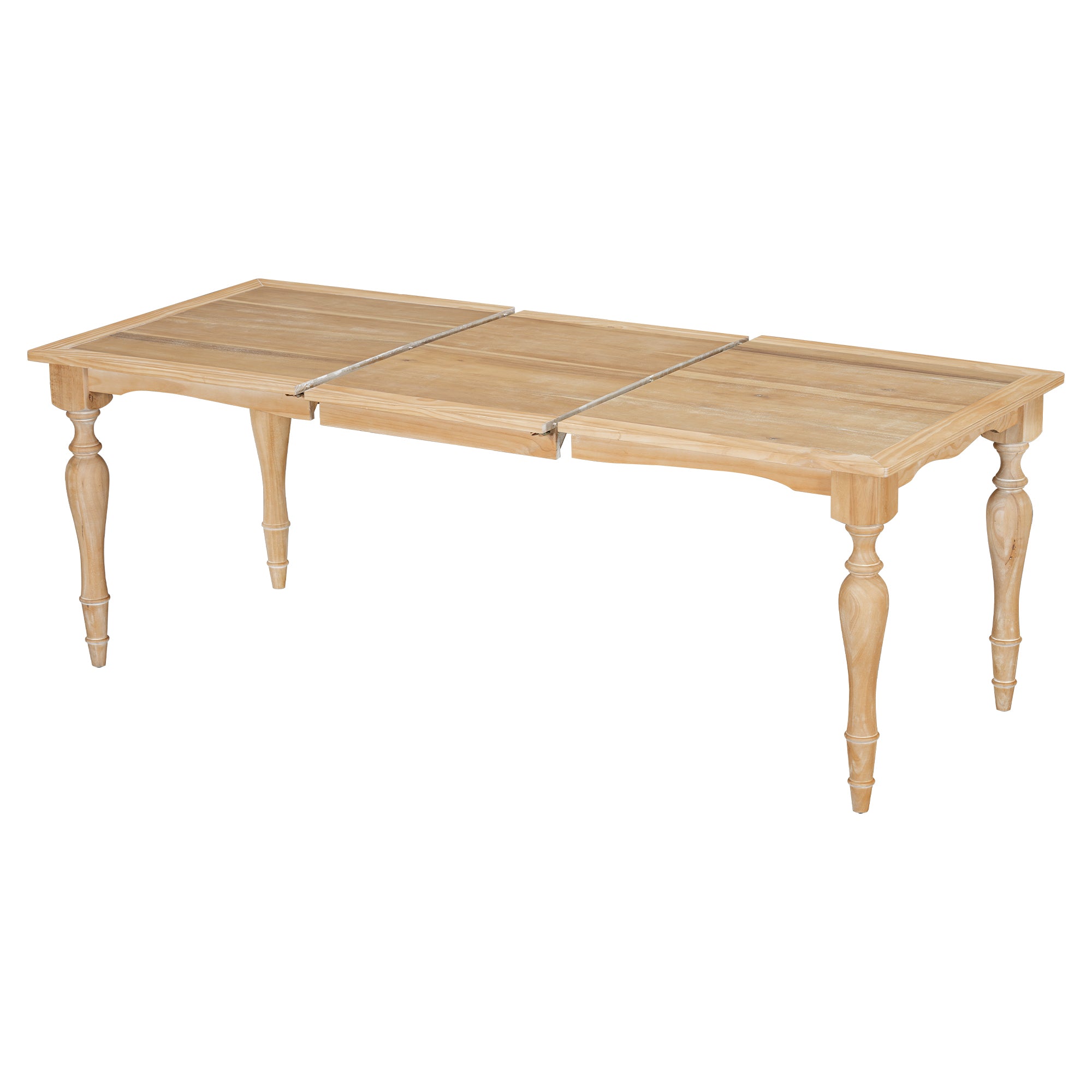 Rubberwood dining table pulled apart at the center to show the removable extension leaf, white background