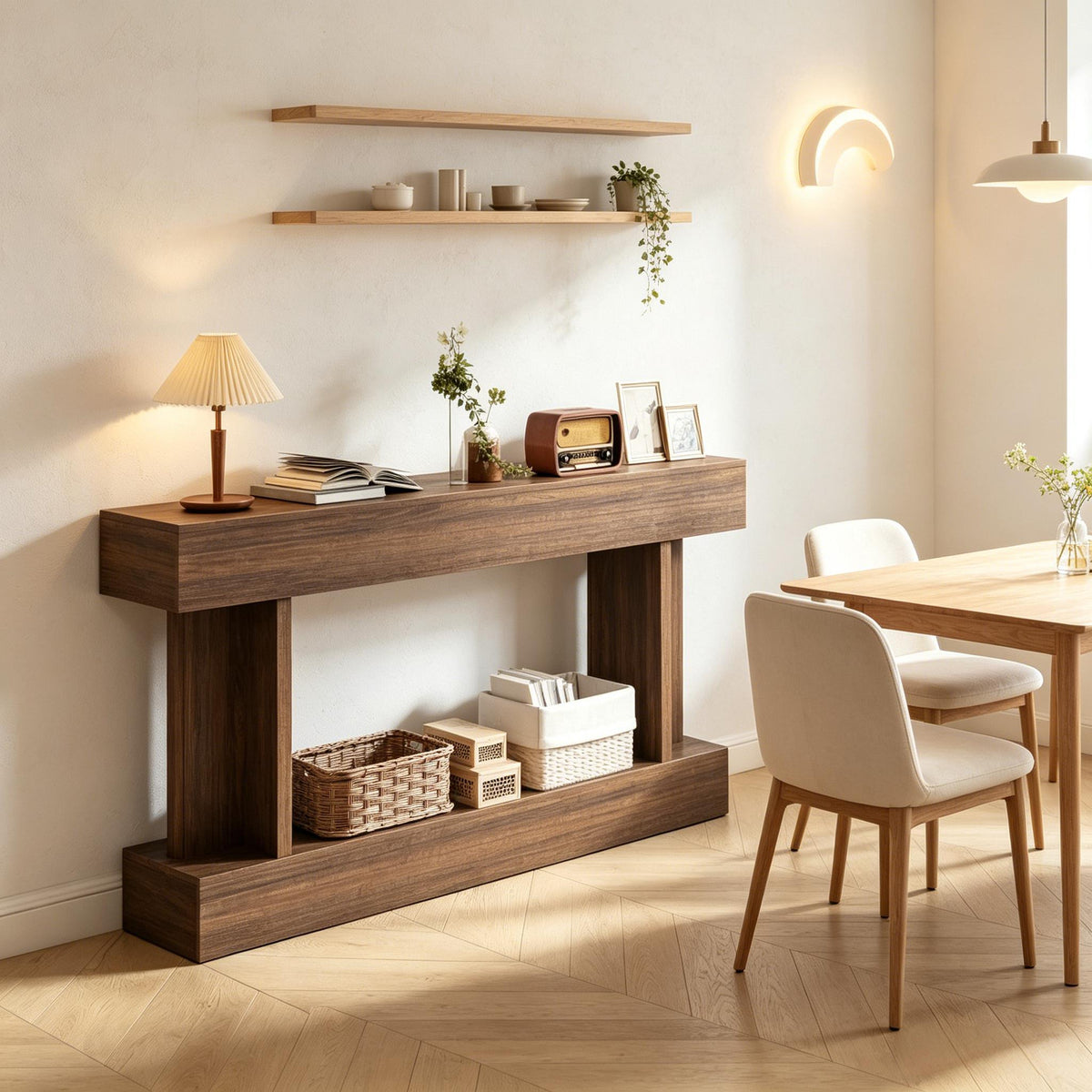 Brown Entryway Console Table with Storage, 63 in Wide, 11.8 in Deep