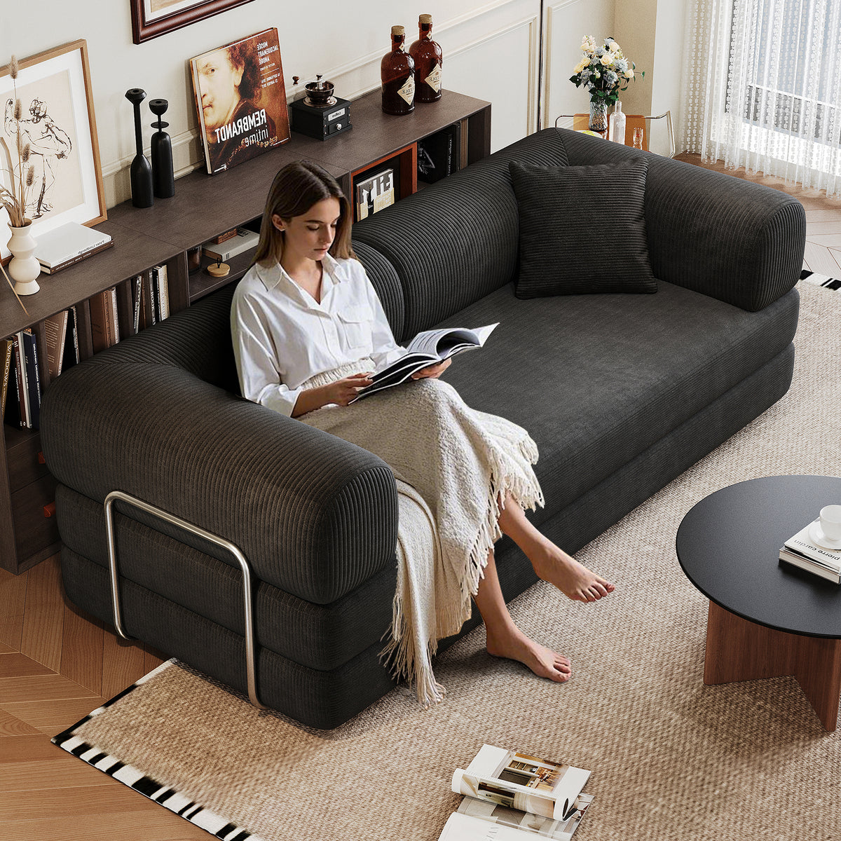 Black Corduroy Modular Sleeper Sectional, No Assembly, 78.8 in Wide